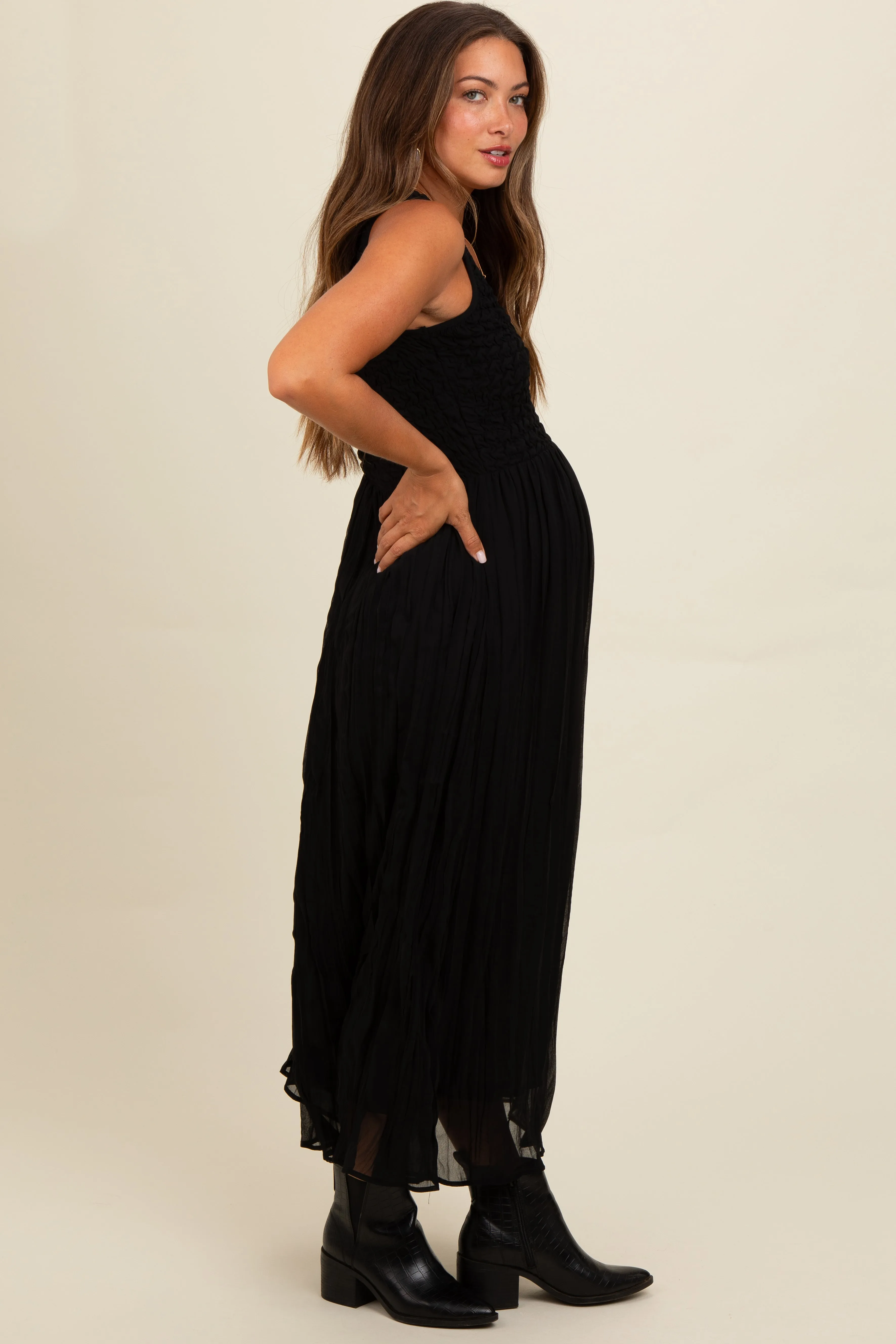 Black Textured Smocked Bodice Sleeveless Maternity Maxi Dress sold by Pinkblush product image thumbnail 3