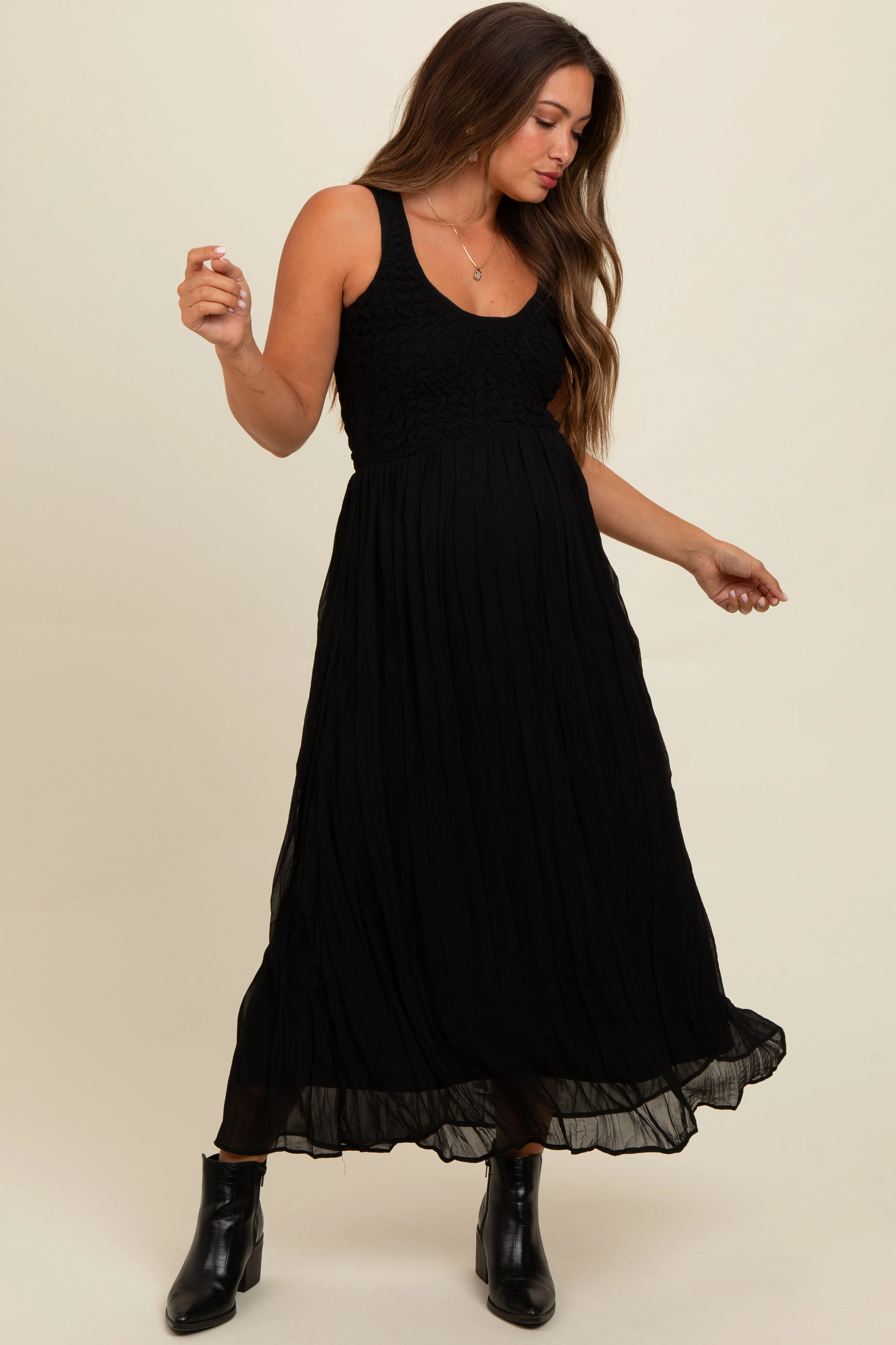 Black Textured Smocked Bodice Sleeveless Maternity Maxi Dress sold by Pinkblush