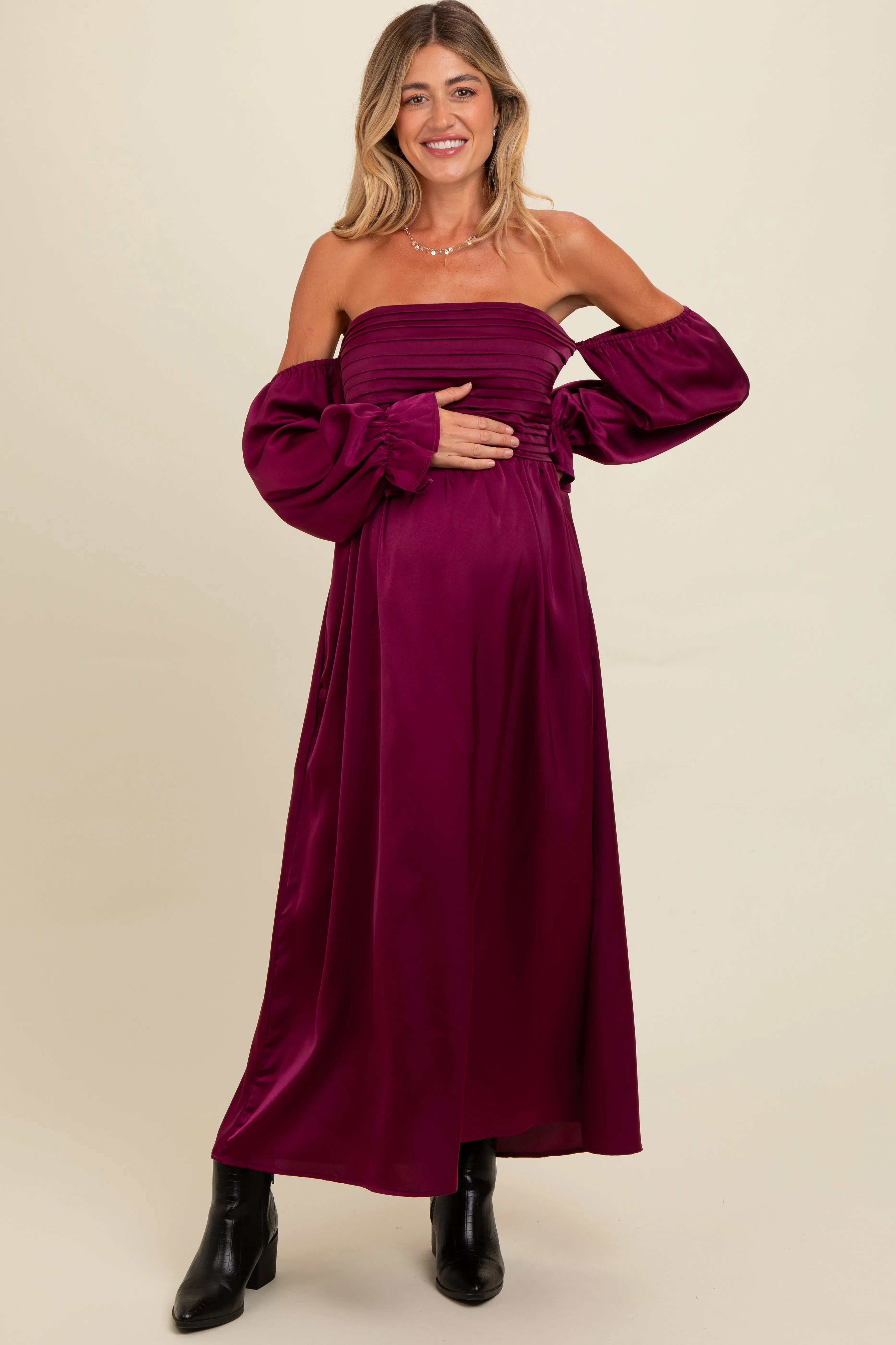 Burgundy Off Shoulder Satin Pleated Bodice Maternity Maxi Dress sold by Pinkblush