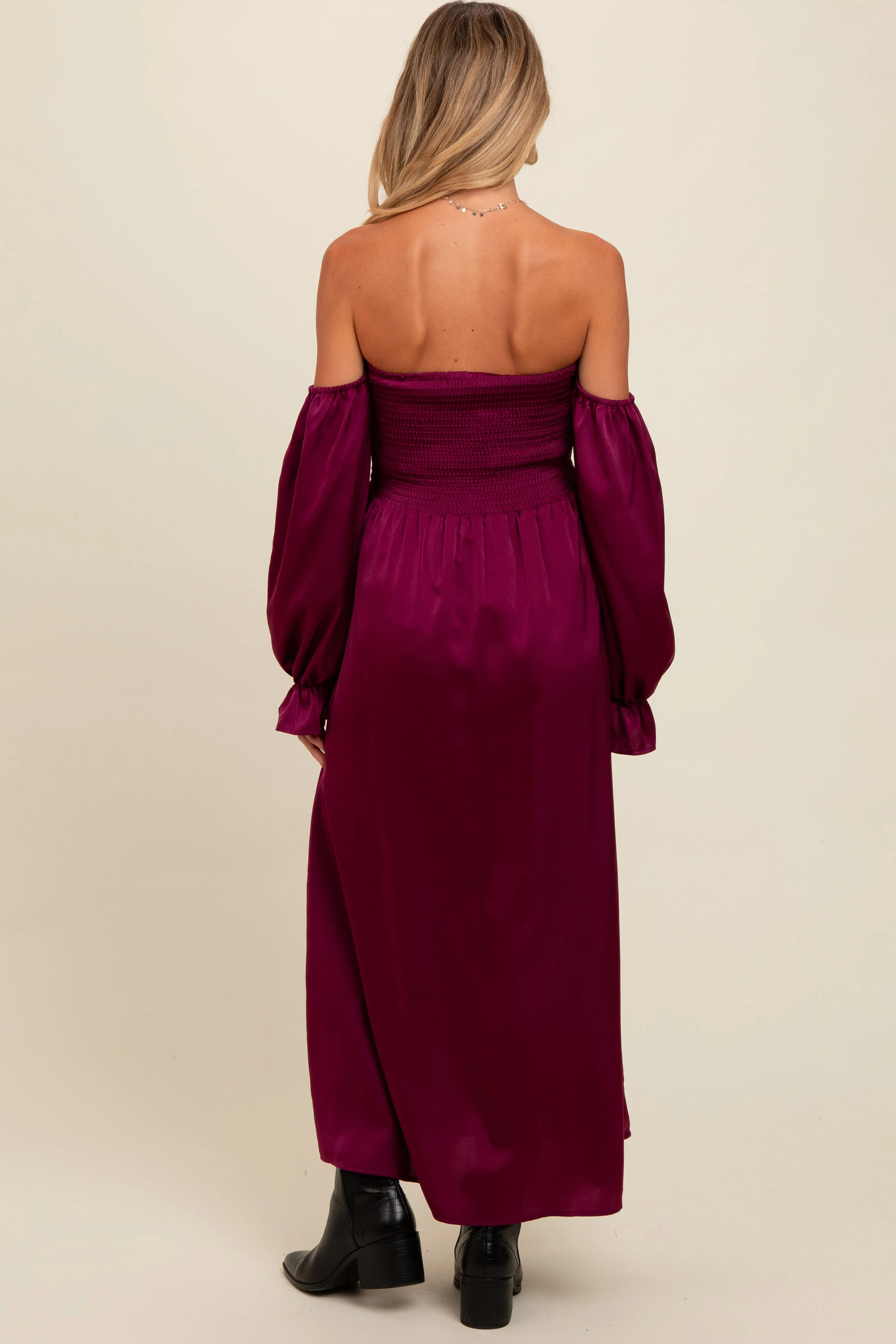 Burgundy Off Shoulder Satin Pleated Bodice Maternity Maxi Dress sold by Pinkblush product image thumbnail 2