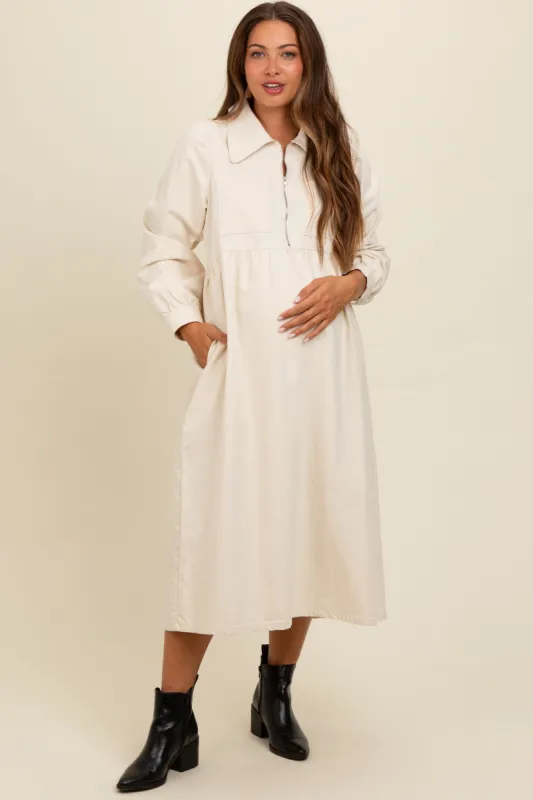 Cream Half Zip Front Pocket Collared Maternity Midi Dress sold by Pinkblush