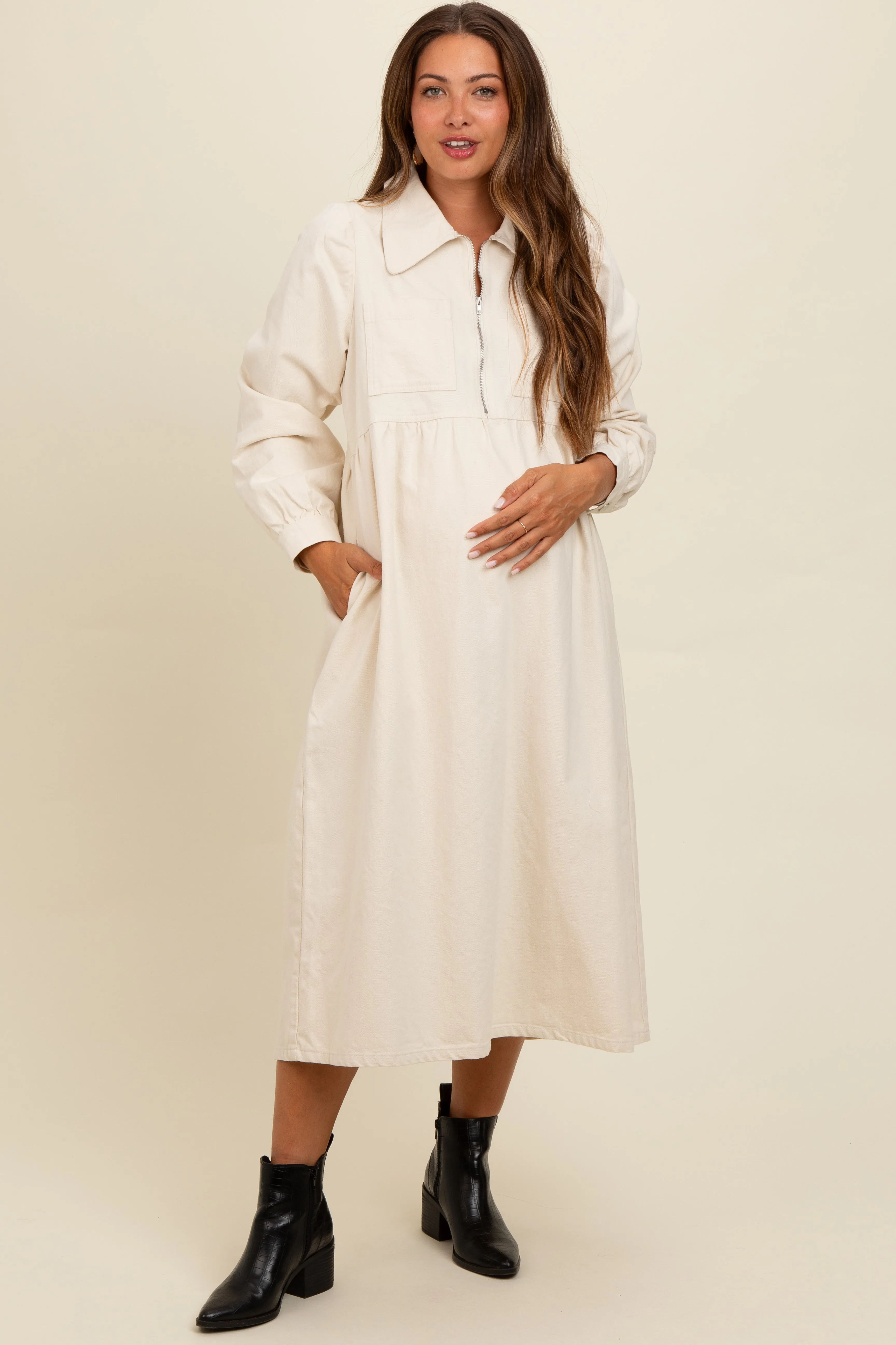 Cream Half Zip Front Pocket Collared Maternity Midi Dress sold by Pinkblush