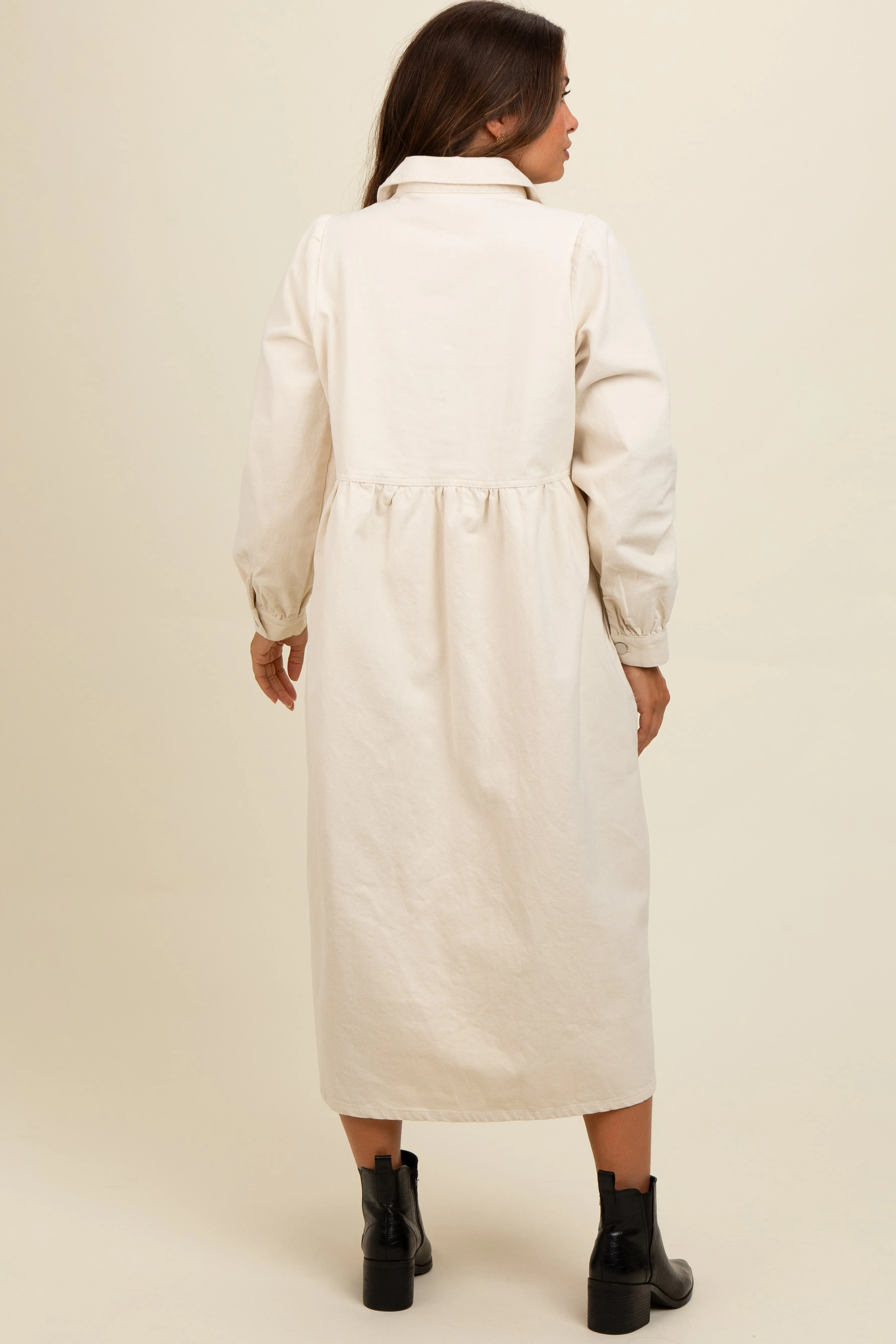 Cream Half Zip Front Pocket Collared Maternity Midi Dress sold by Pinkblush product image thumbnail 2