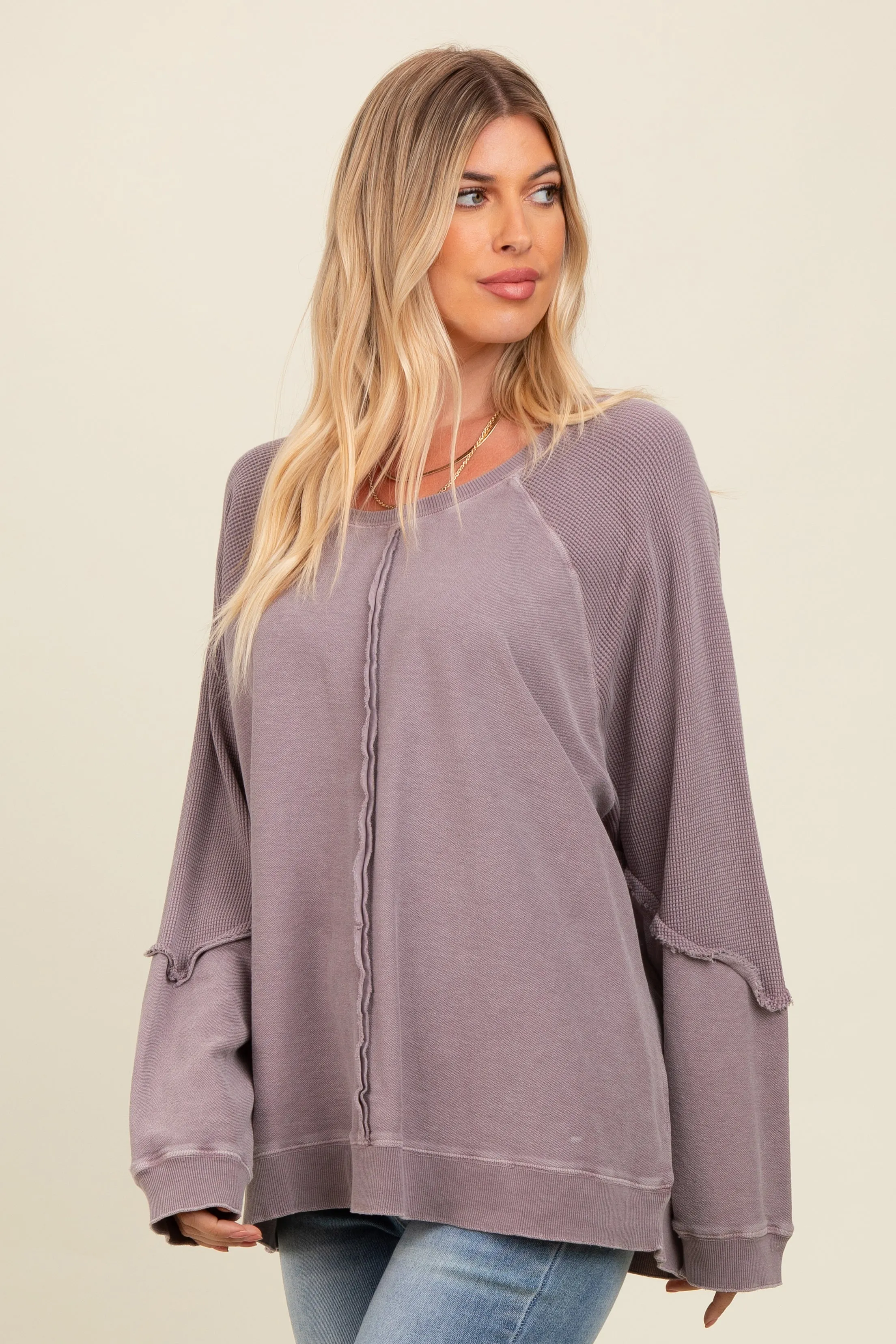 Taupe Mixed Knit Raw Hem Pullover Top sold by Pinkblush product image thumbnail 3