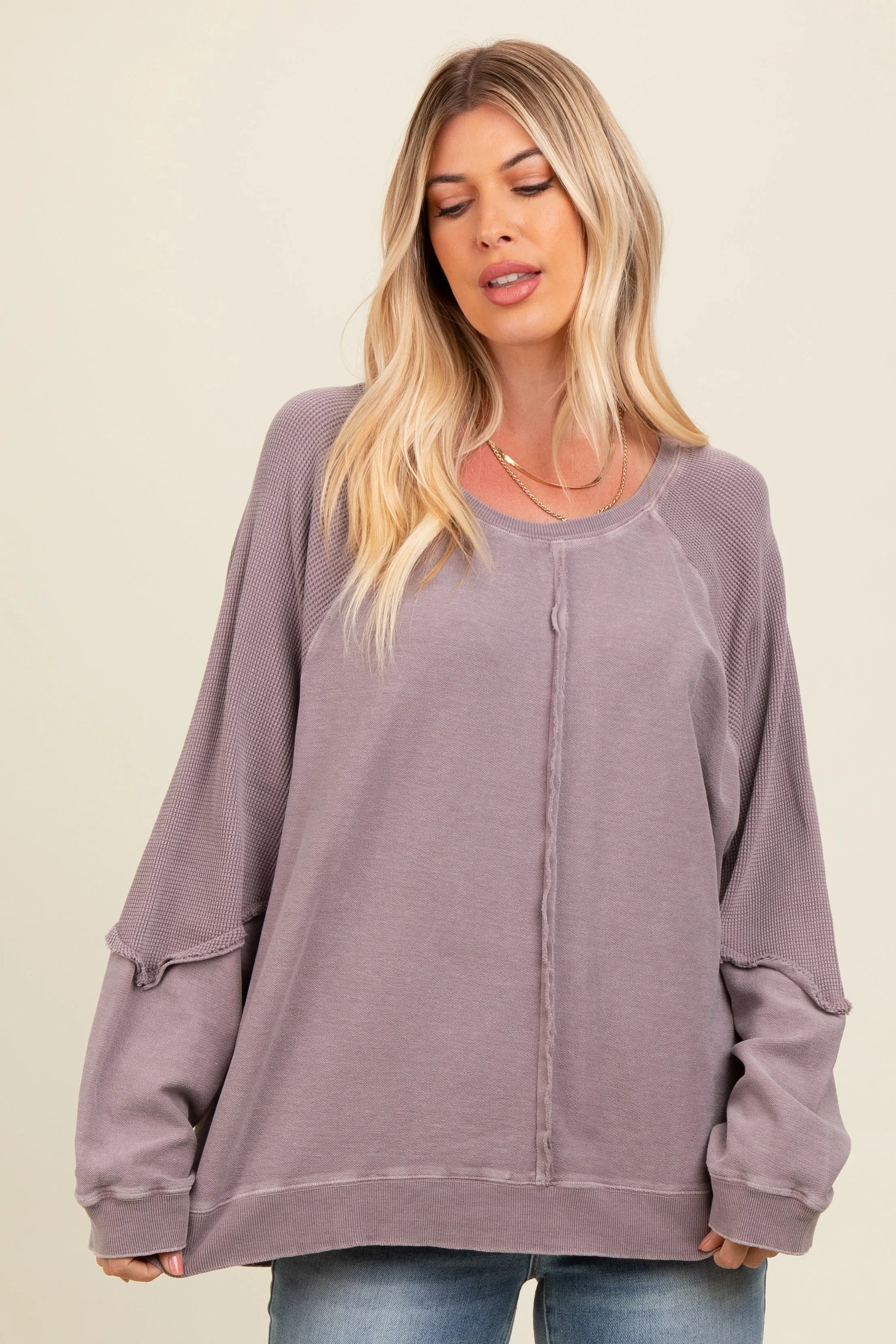 Taupe Mixed Knit Raw Hem Pullover Top sold by Pinkblush product image thumbnail 2
