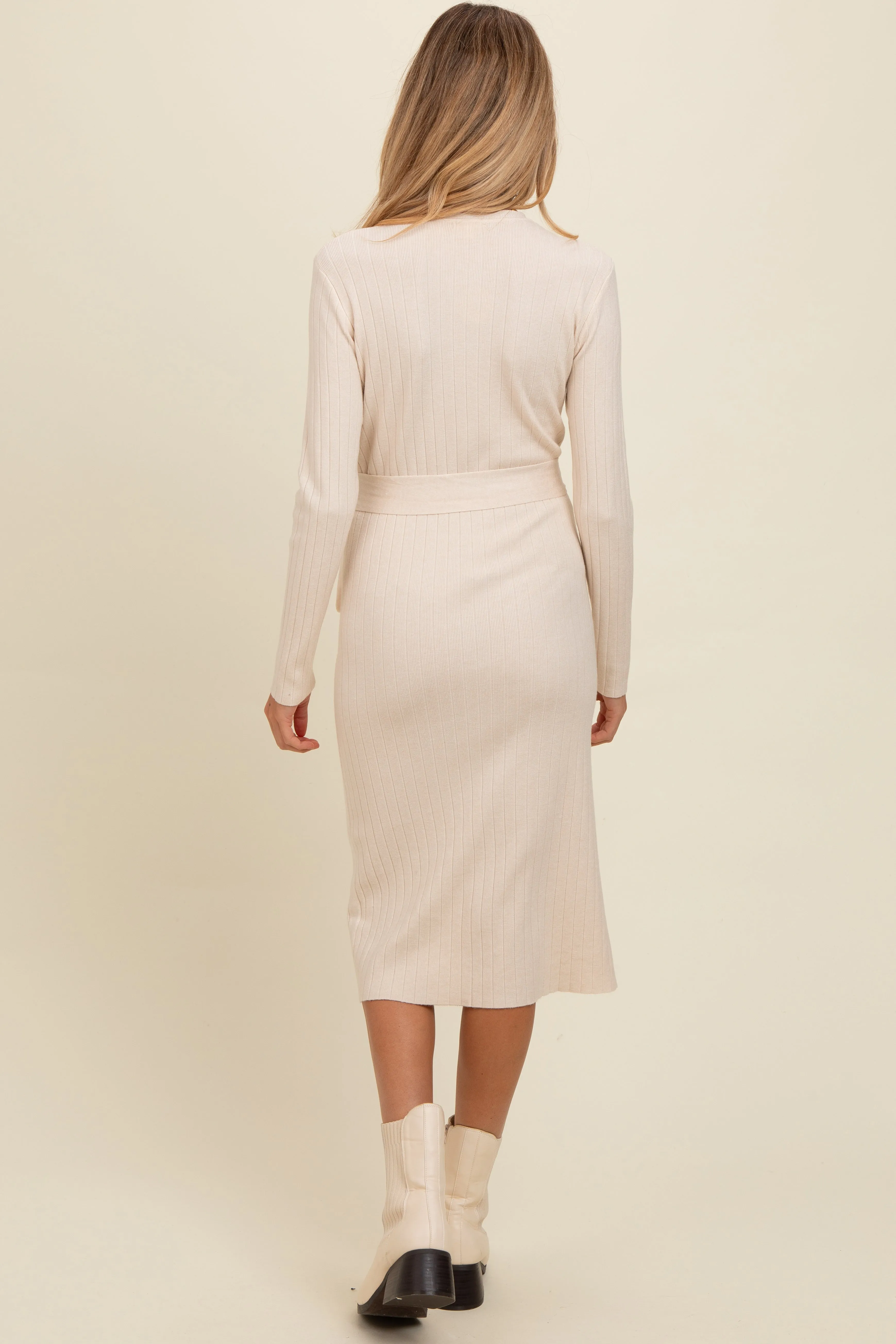 Cream Ribbed Sash Tie Maternity Midi Sweater Dress sold by Pinkblush product image thumbnail 2
