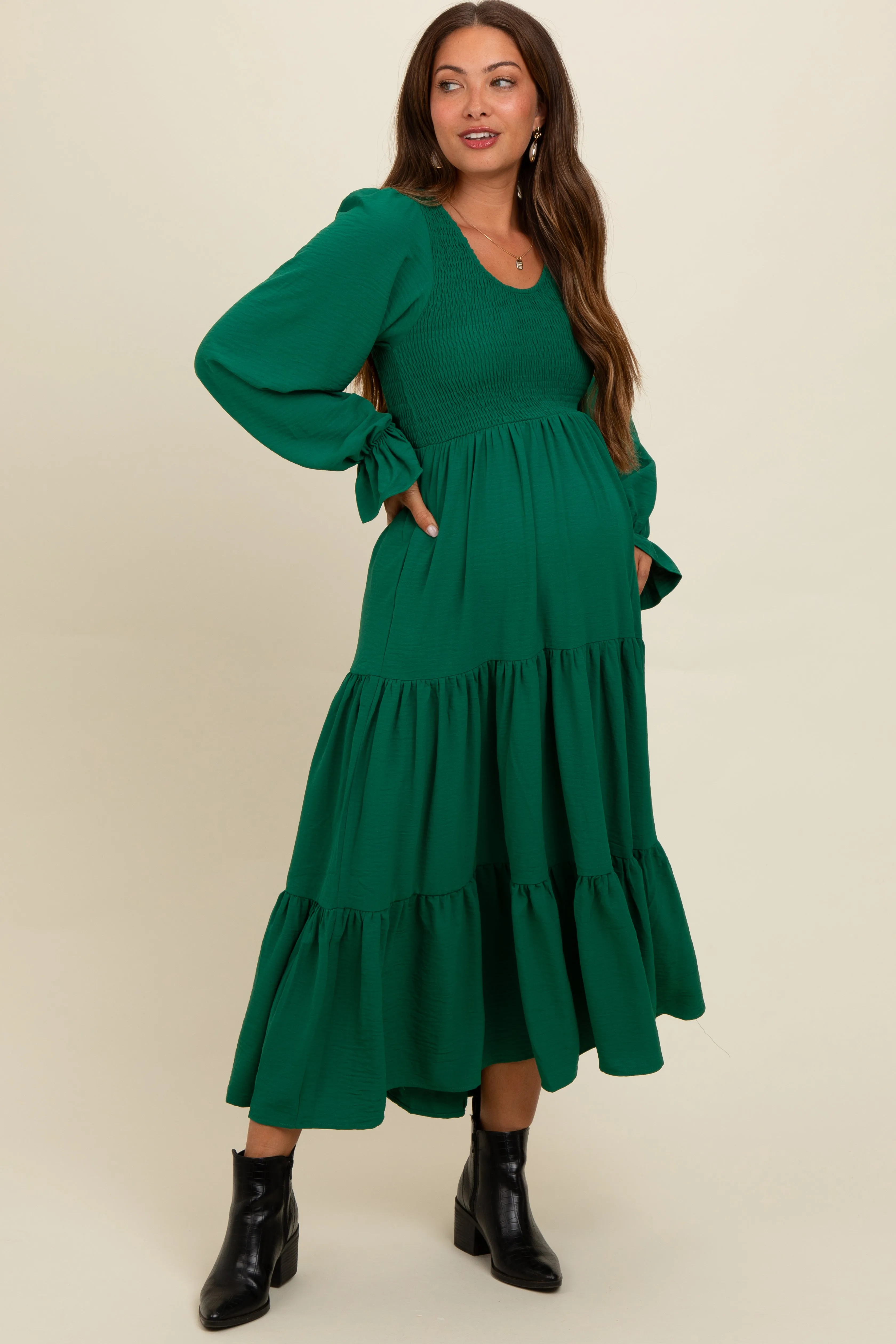 Green Smocked Tiered Long Sleeve Maternity Maxi Dress sold by Pinkblush product image thumbnail 2