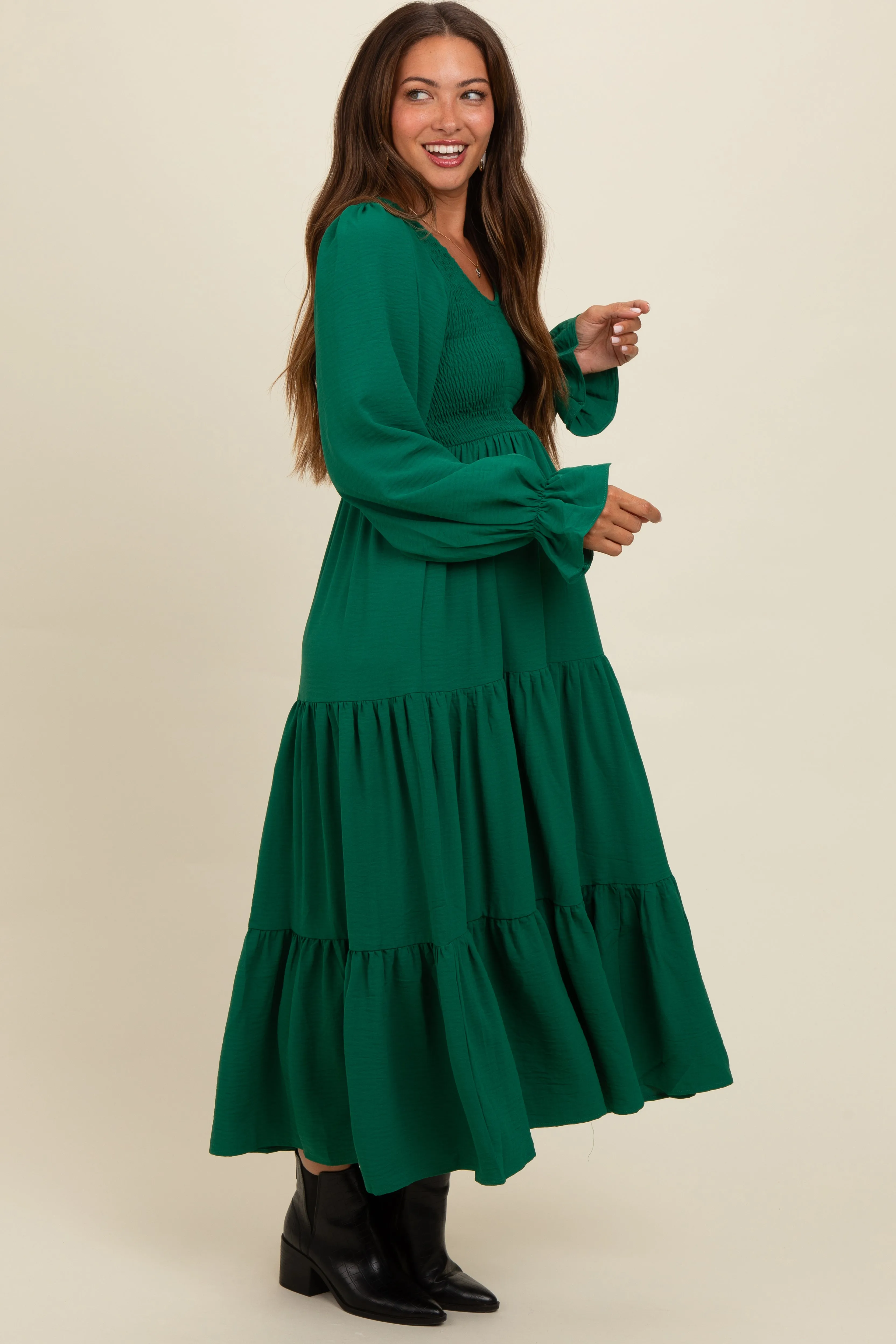 Green Smocked Tiered Long Sleeve Maternity Maxi Dress sold by Pinkblush product image thumbnail 3