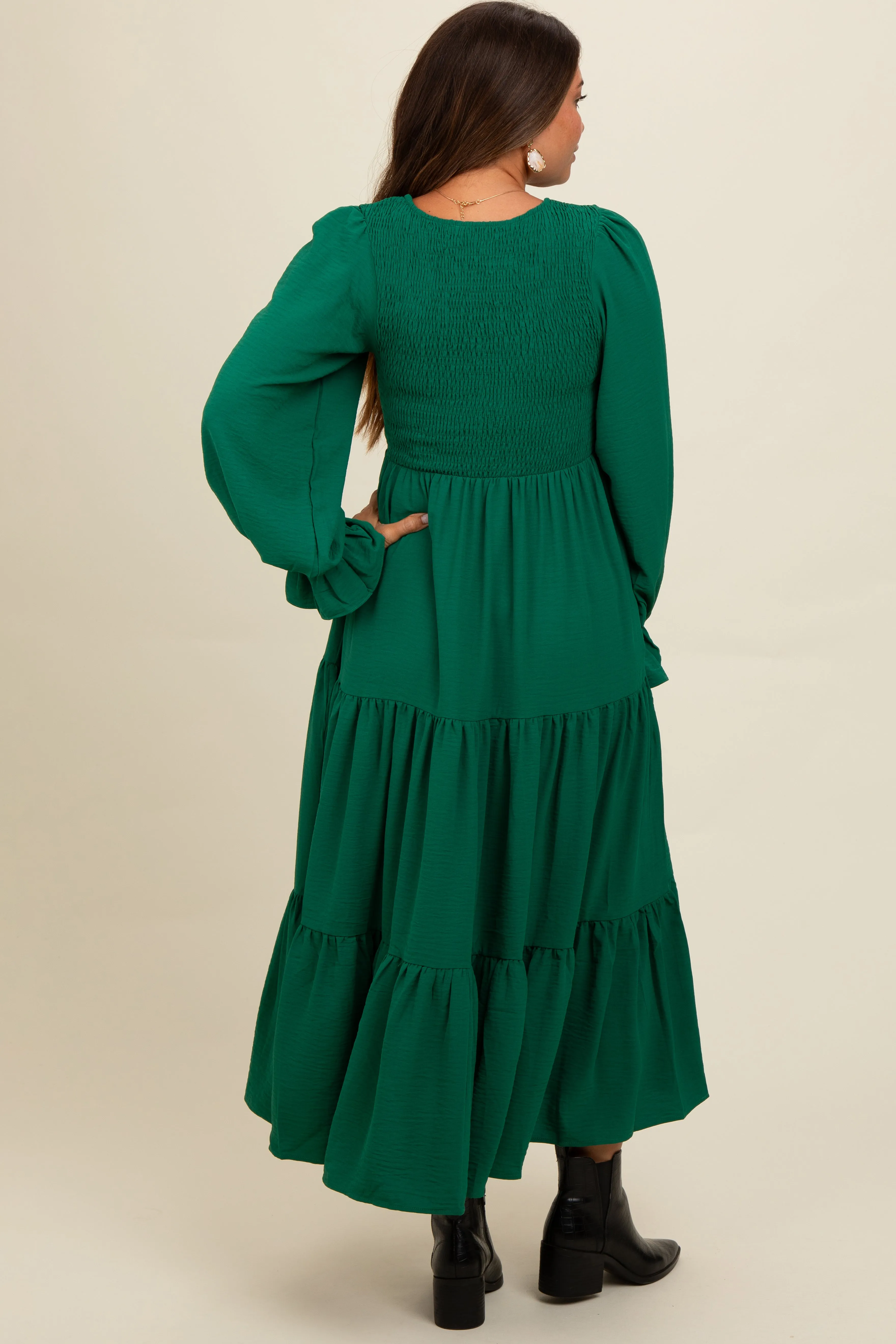 Green Smocked Tiered Long Sleeve Maternity Maxi Dress sold by Pinkblush product image thumbnail 4