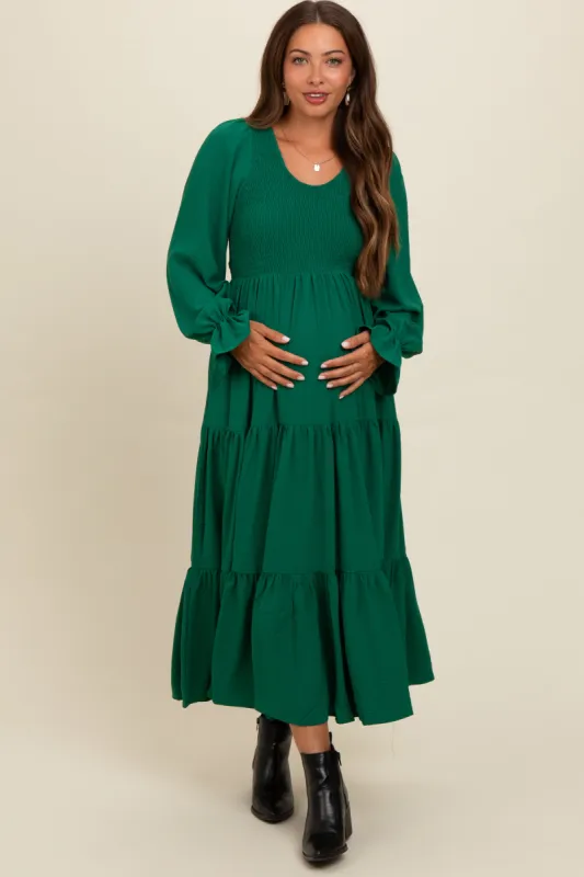 Green Smocked Tiered Long Sleeve Maternity Maxi Dress sold by Pinkblush