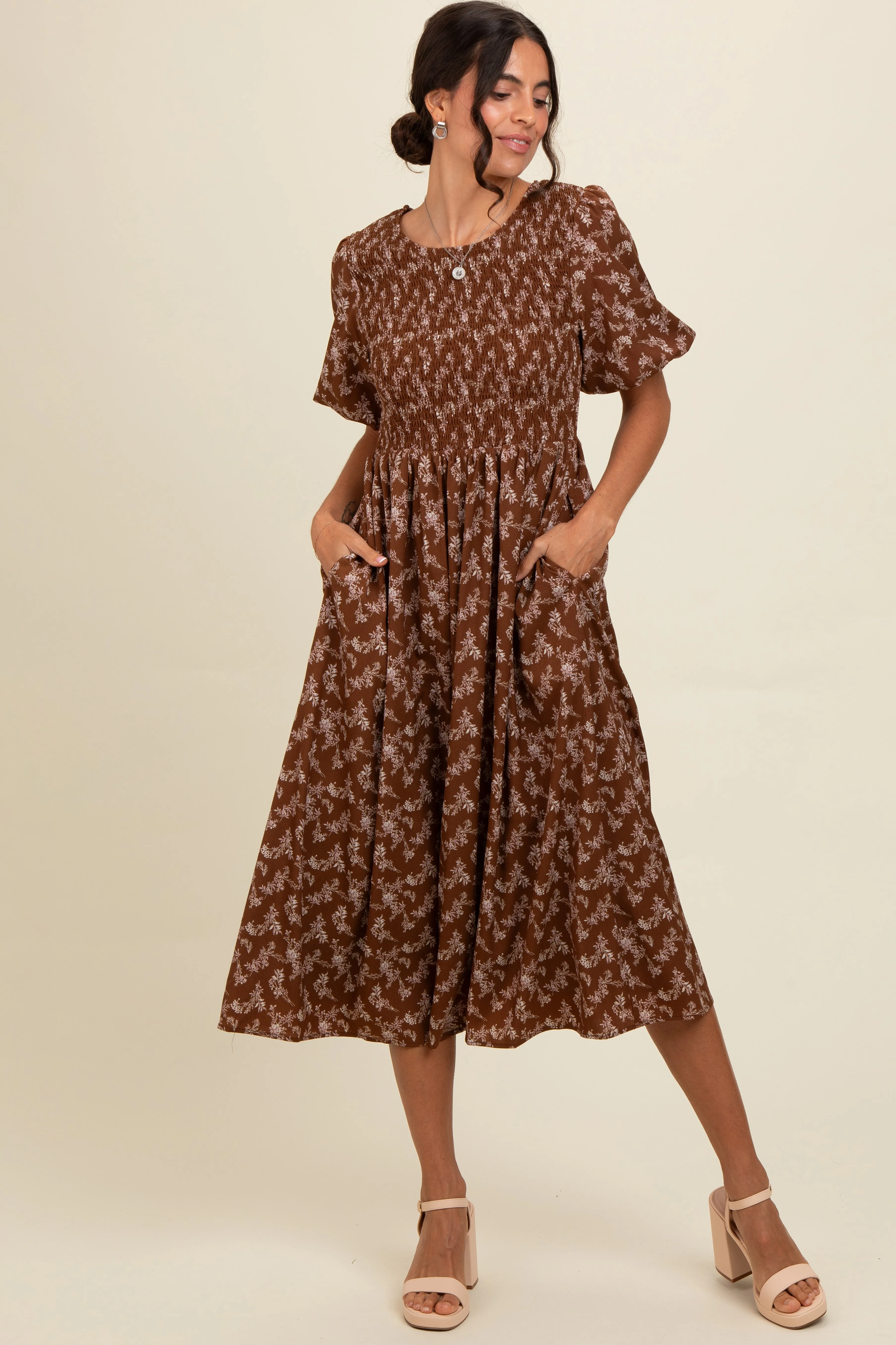 Brown Floral Smocked Maternity Midi Dress sold by Pinkblush product image thumbnail 4