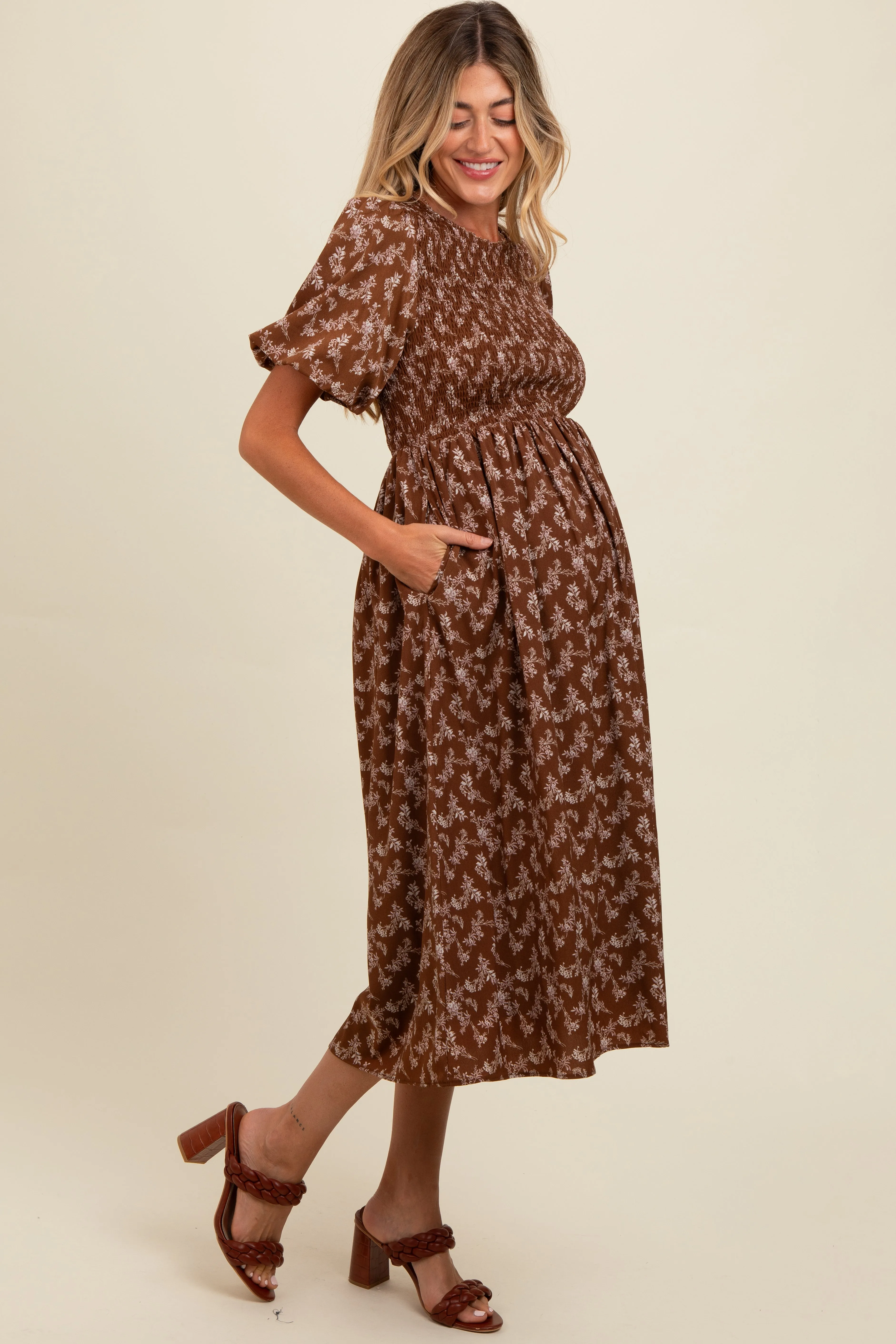Brown Floral Smocked Maternity Midi Dress sold by Pinkblush product image thumbnail 2