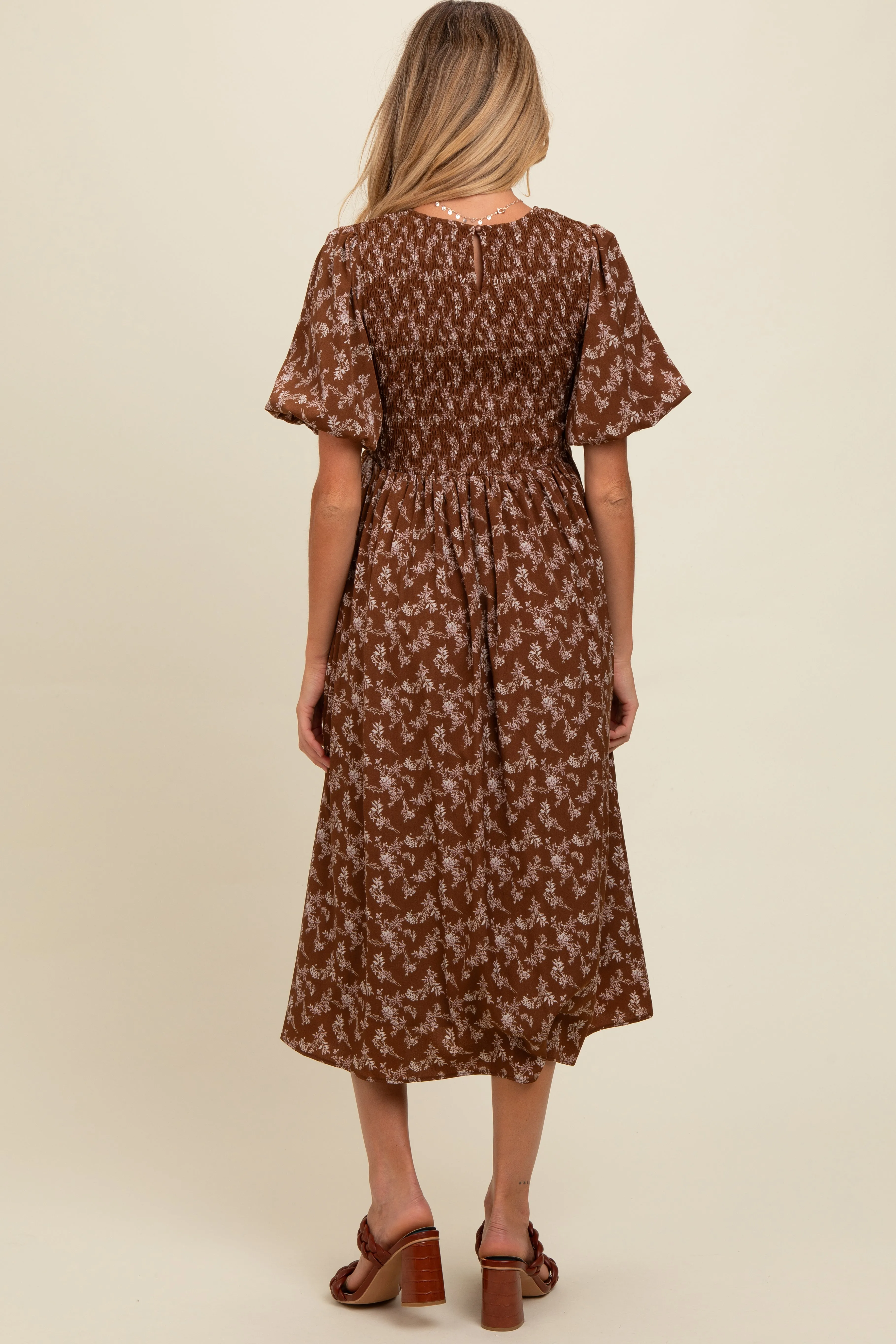Brown Floral Smocked Maternity Midi Dress sold by Pinkblush product image thumbnail 3