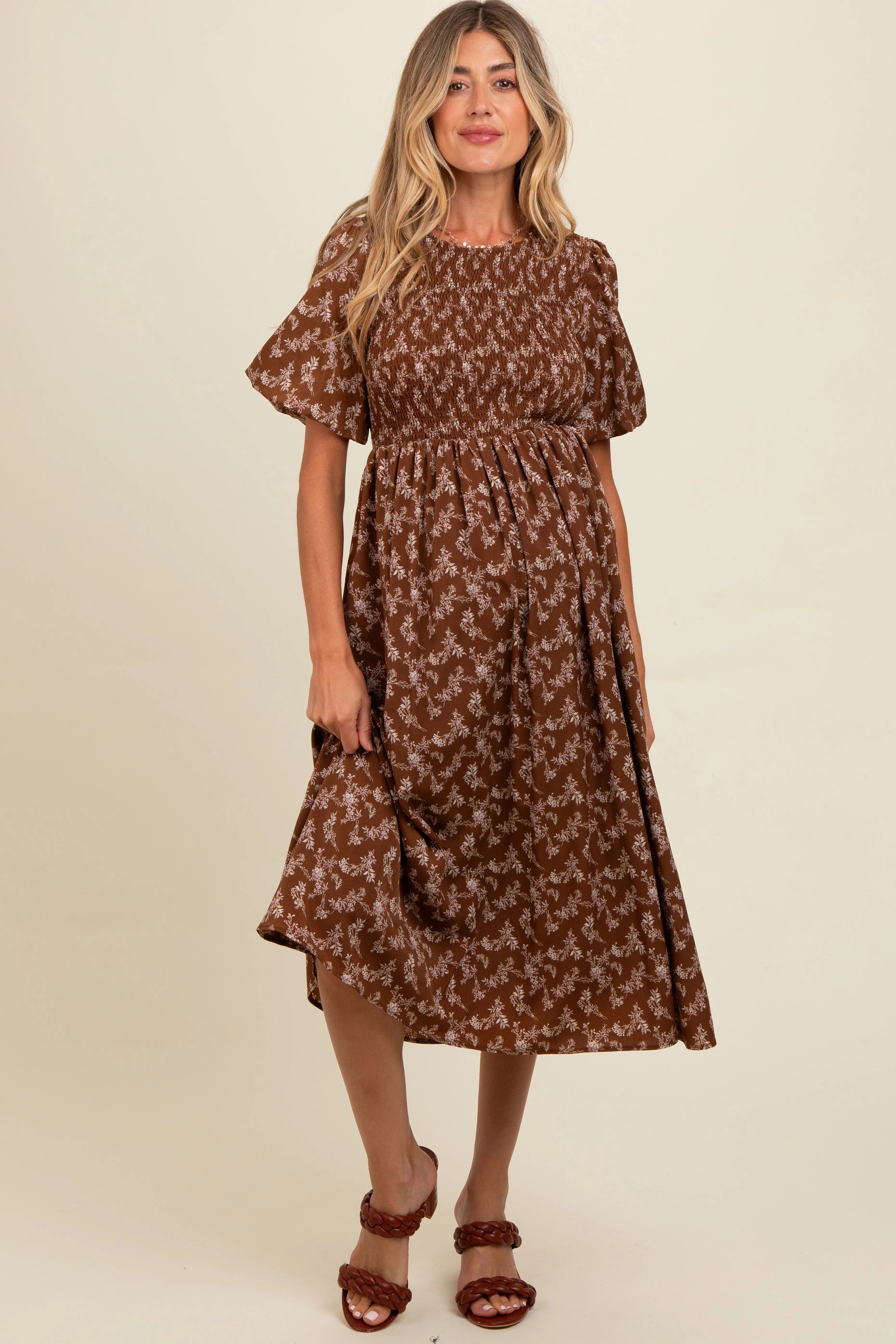 Brown Floral Smocked Maternity Midi Dress sold by Pinkblush