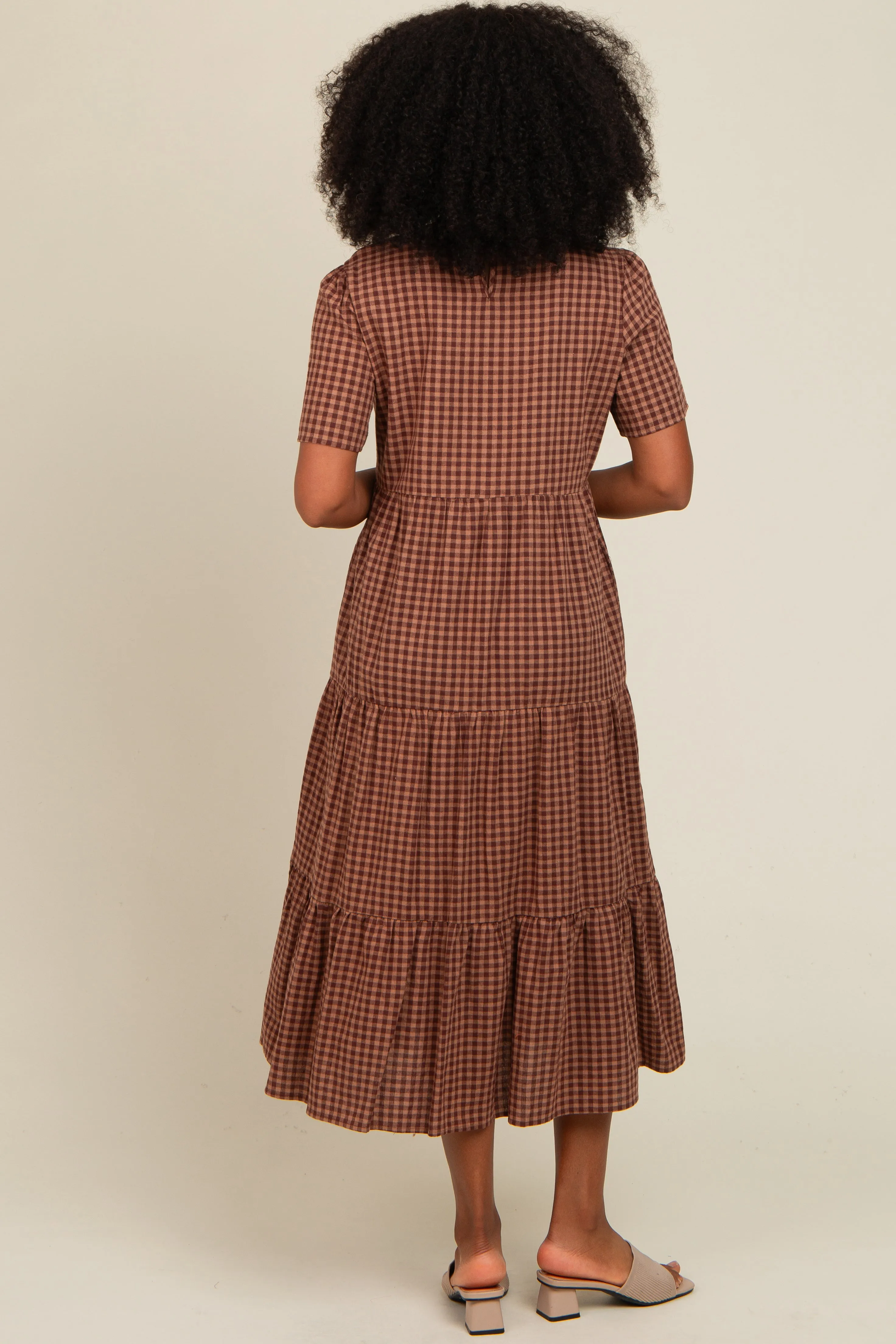 Mocha Gingham Tiered Midi Dress sold by Pinkblush product image thumbnail 4