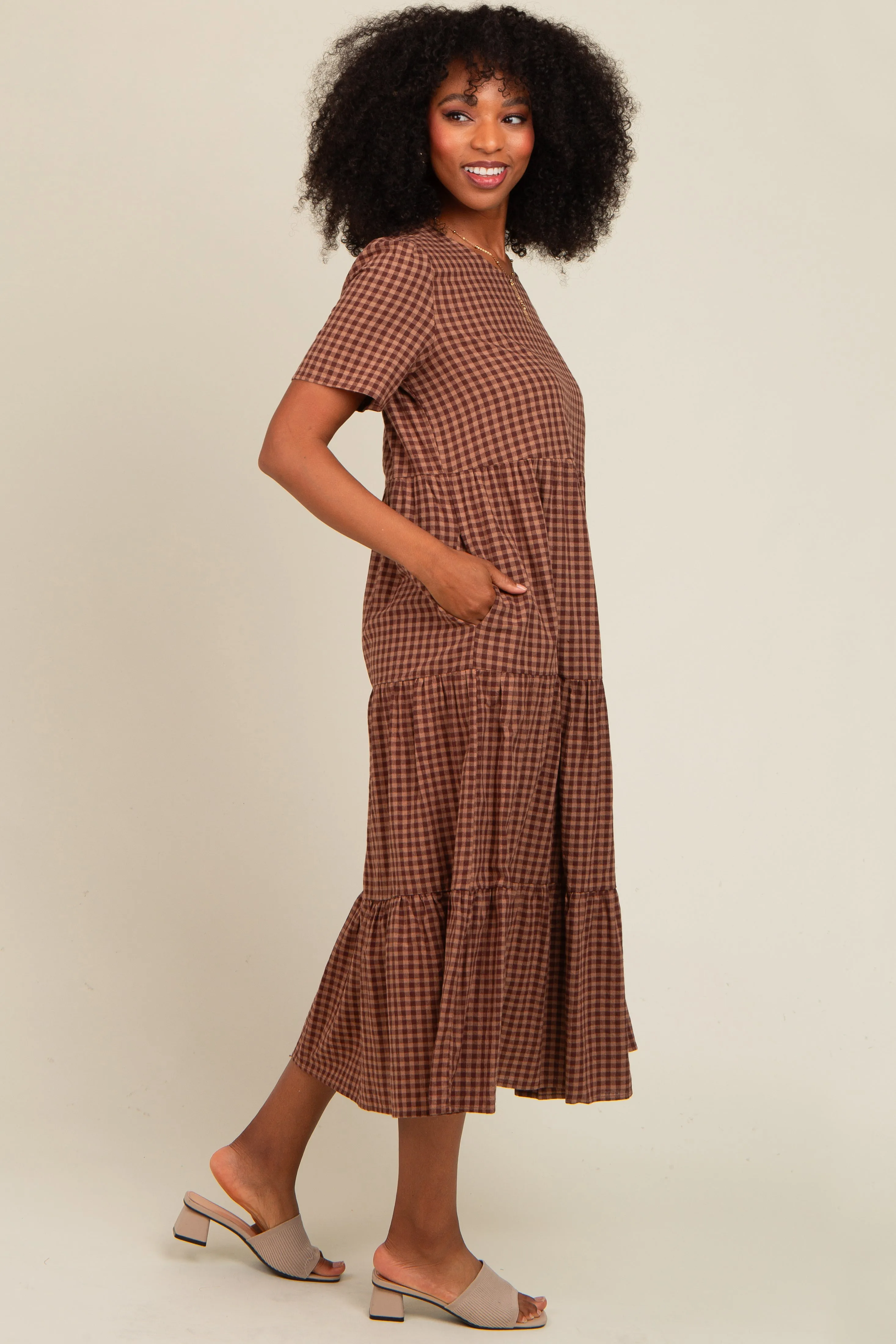 Mocha Gingham Tiered Midi Dress sold by Pinkblush product image thumbnail 3