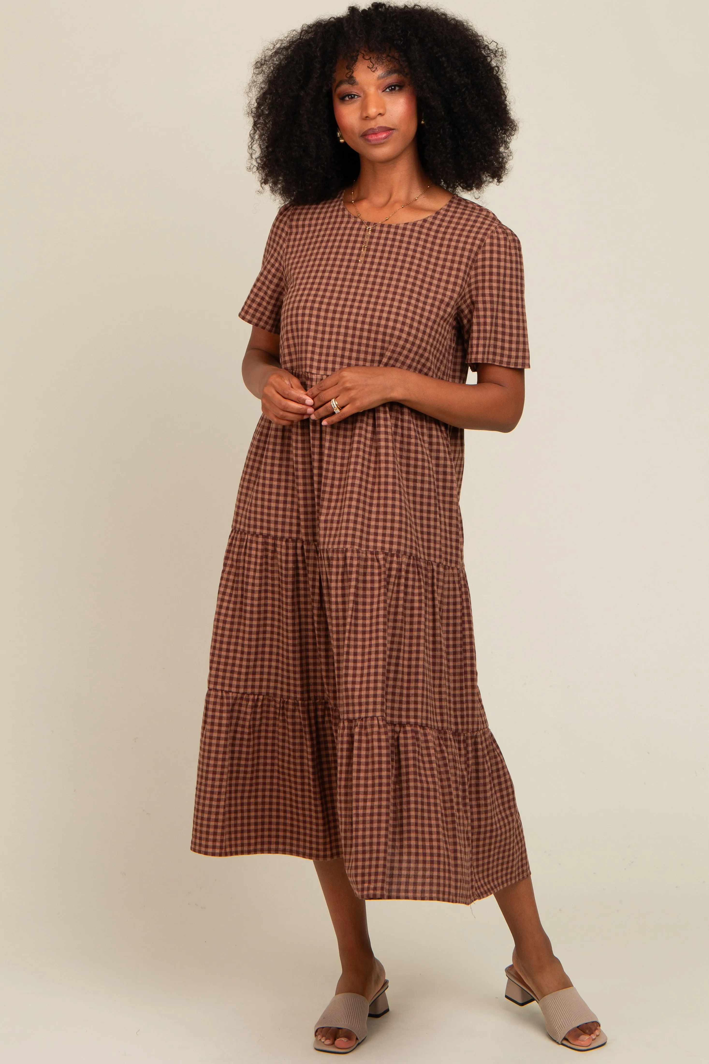 Mocha Gingham Tiered Midi Dress sold by Pinkblush