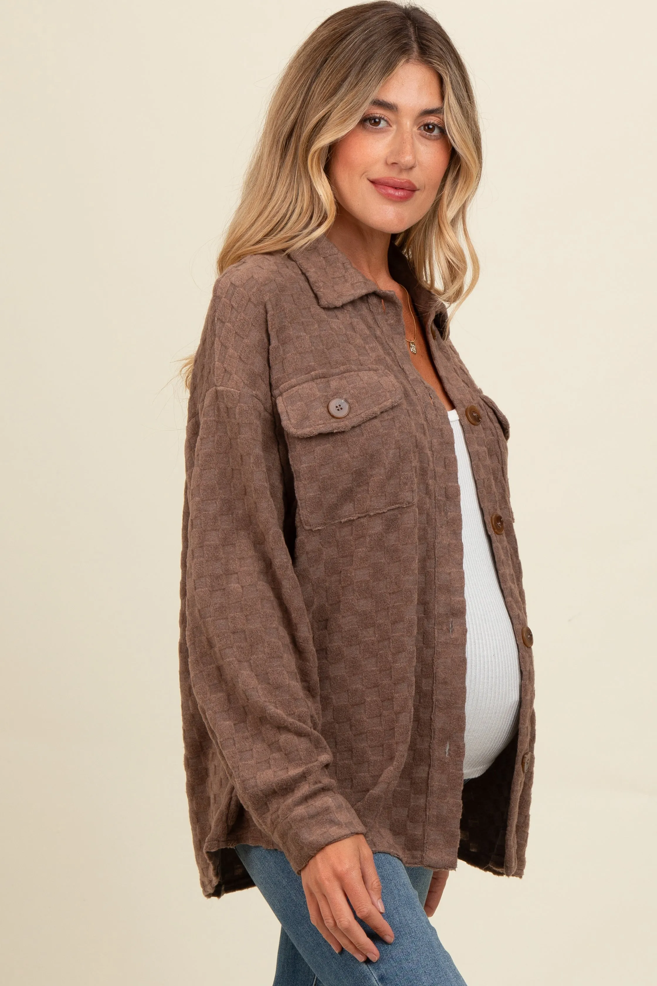 Brown Checker Plaid Button Down Maternity Shirt sold by Pinkblush product image thumbnail 2