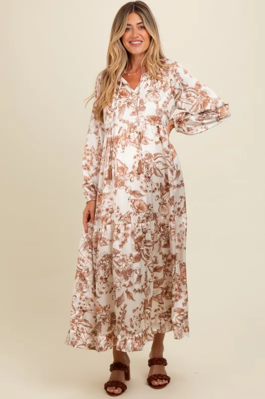 Brown Floral Tassel Tie Front Maternity Maxi Dress sold by Pinkblush