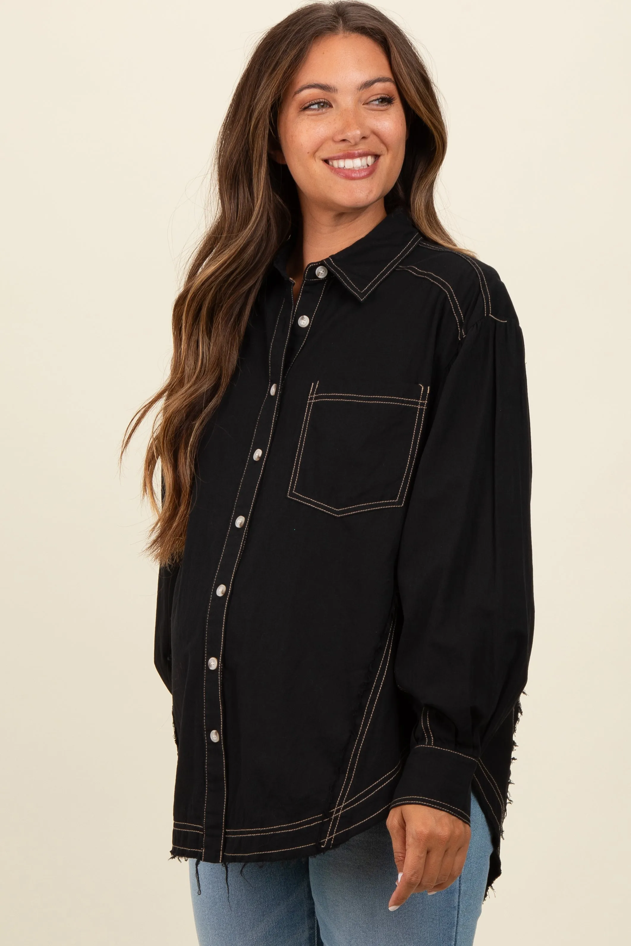Black Contrast Stitch Button Up Collared Long Sleeve Maternity Top sold by Pinkblush product image thumbnail 2