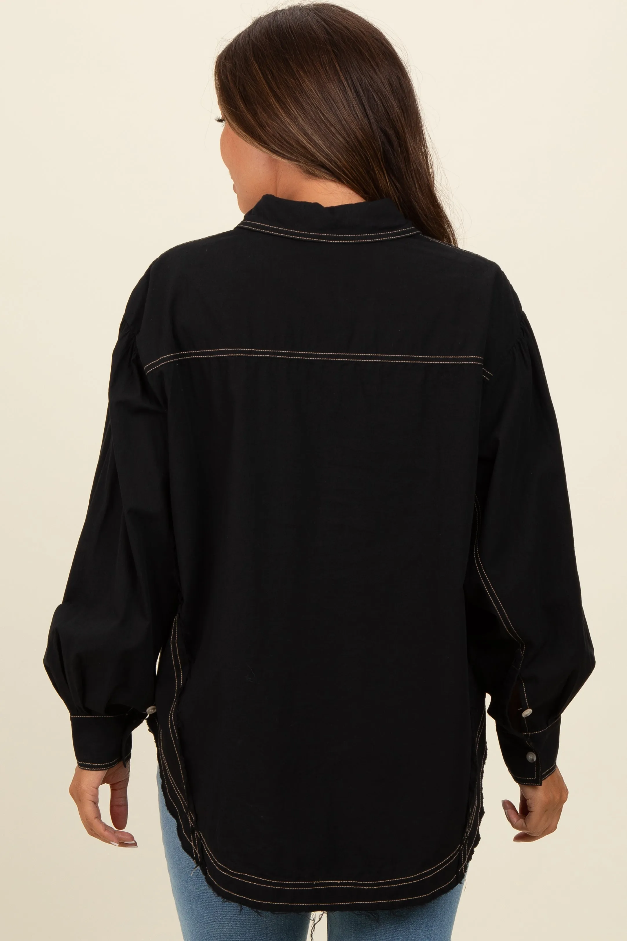 Black Contrast Stitch Button Up Collared Long Sleeve Maternity Top sold by Pinkblush product image thumbnail 3