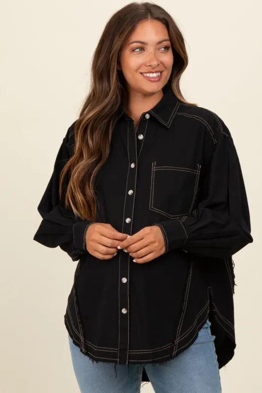 Black Contrast Stitch Button Up Collared Long Sleeve Maternity Top sold by Pinkblush