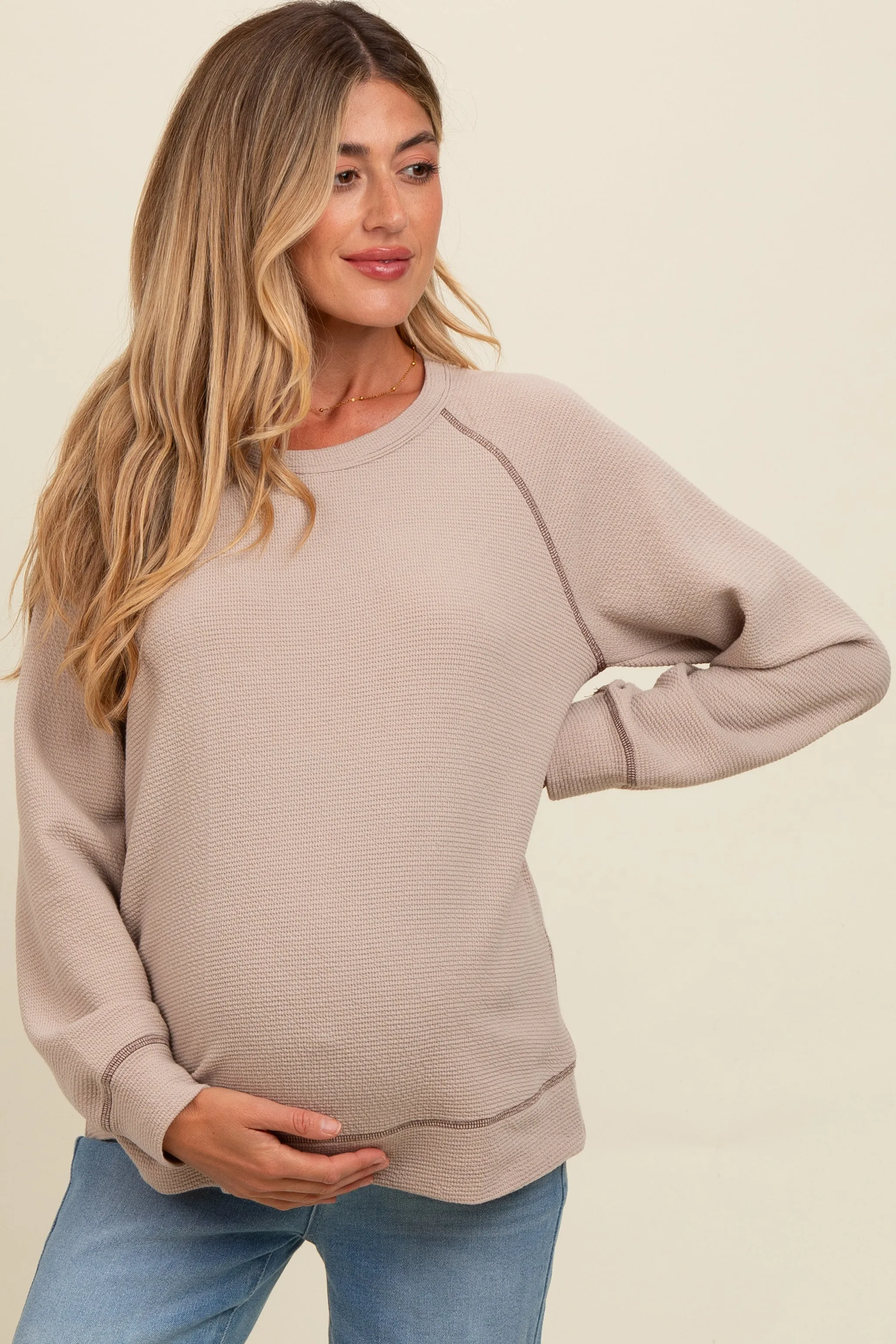 Light Taupe Crewneck Waffle Knit Maternity Pullover Top sold by Pinkblush product image thumbnail 2