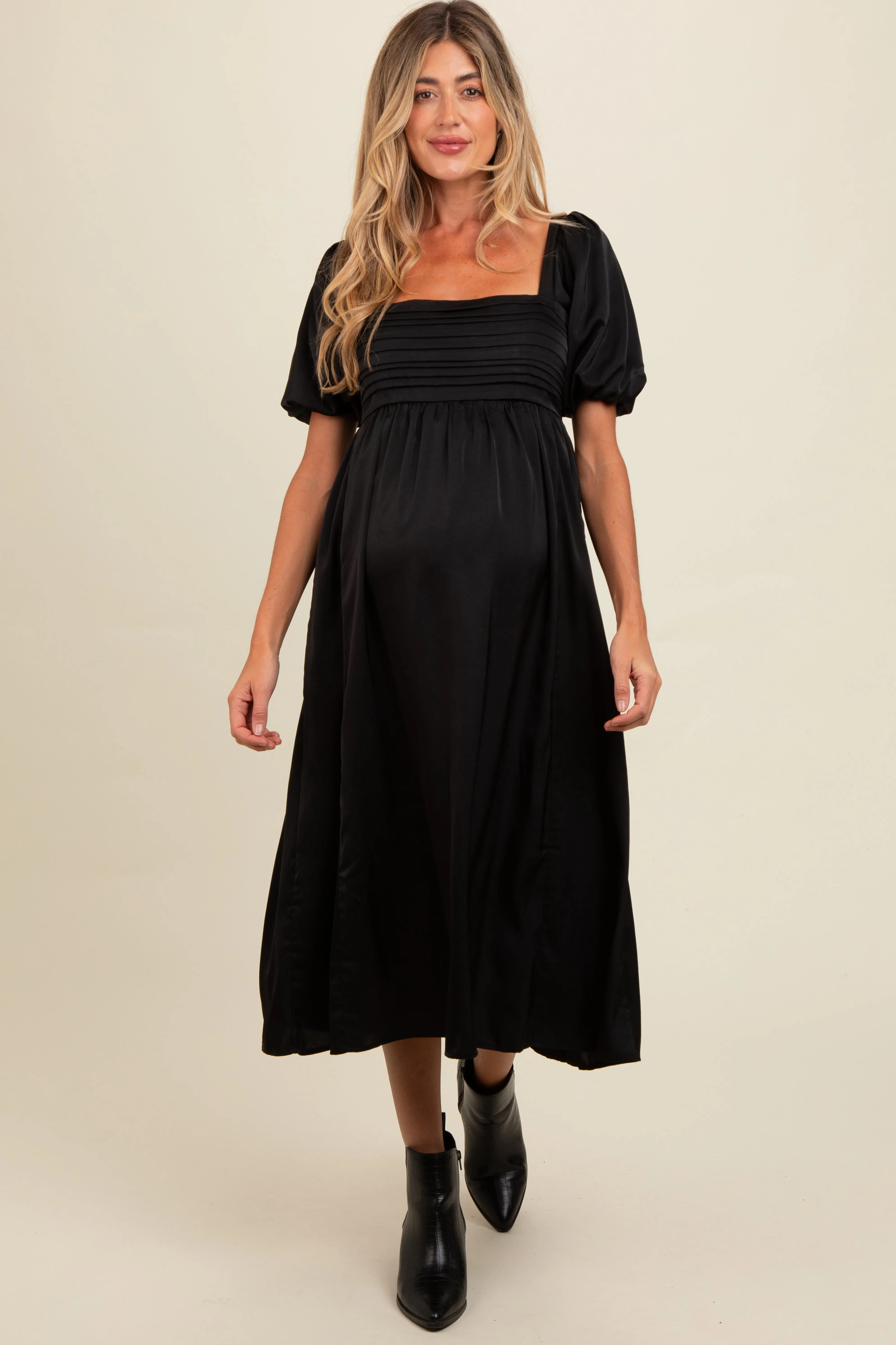 Black Satin Pleated Bodice Puff Sleeve Maternity Midi Dress sold by Pinkblush product image thumbnail 2