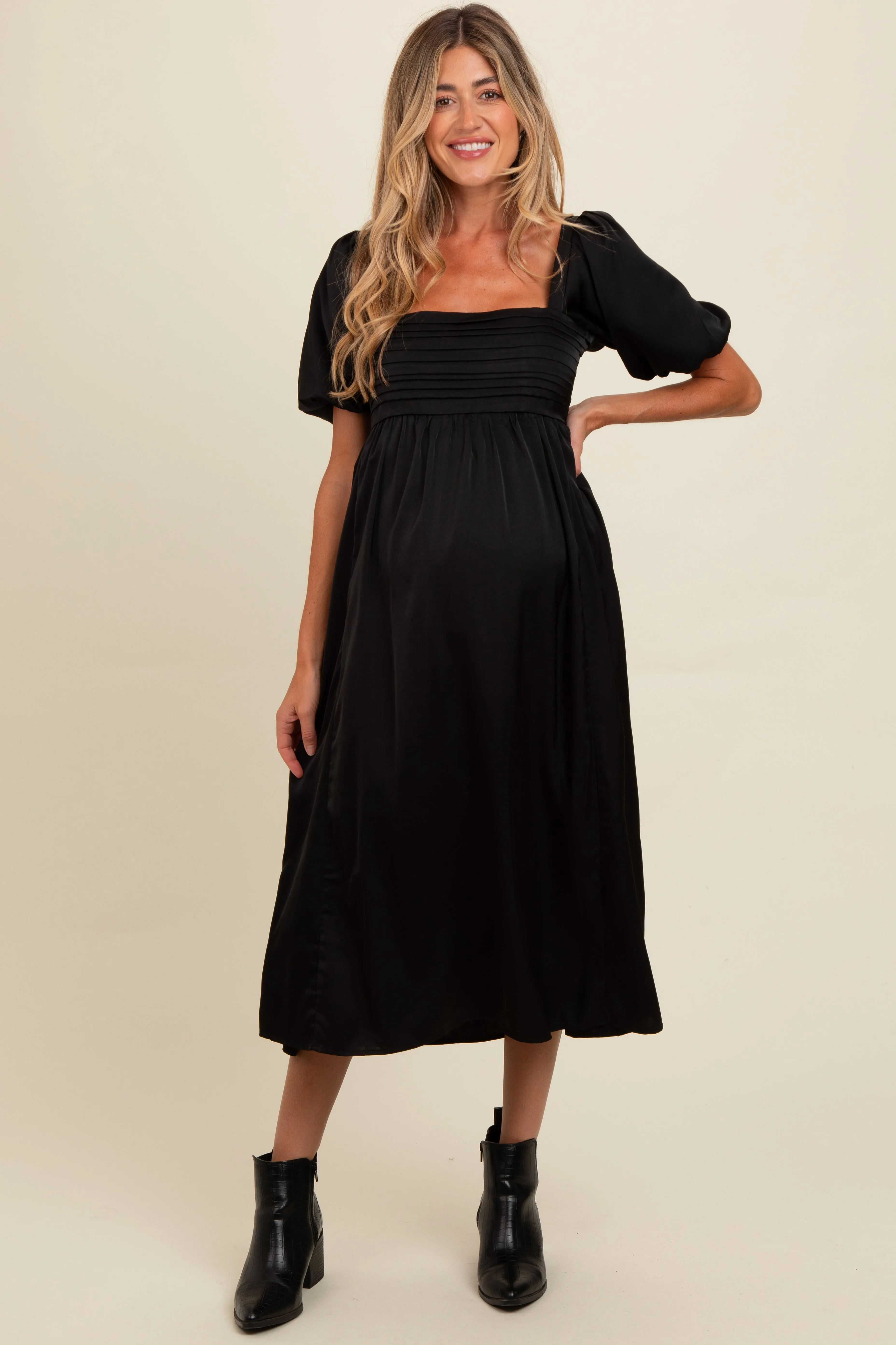 Black Satin Pleated Bodice Puff Sleeve Maternity Midi Dress sold by Pinkblush