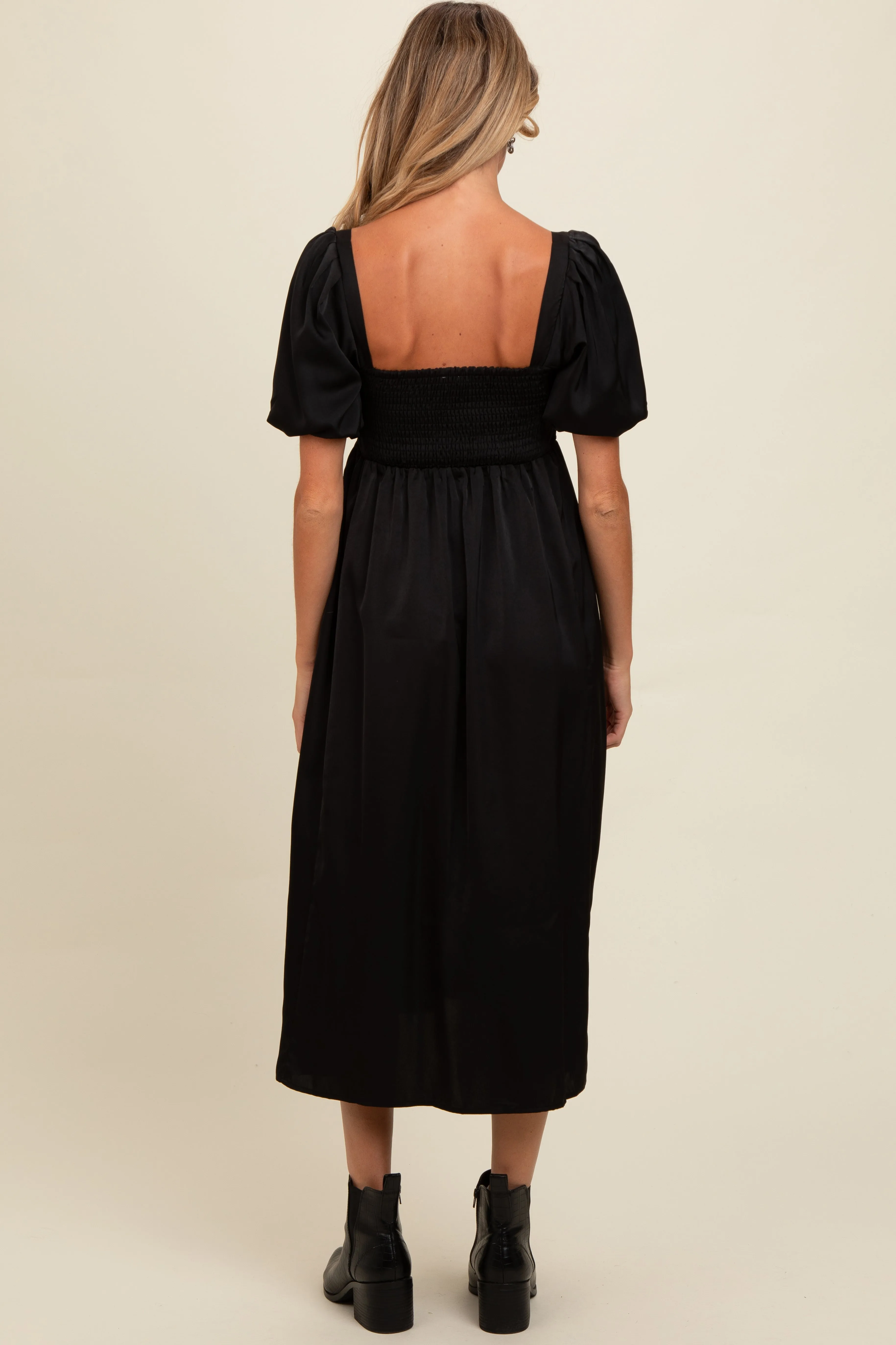 Black Satin Pleated Bodice Puff Sleeve Maternity Midi Dress sold by Pinkblush product image thumbnail 3