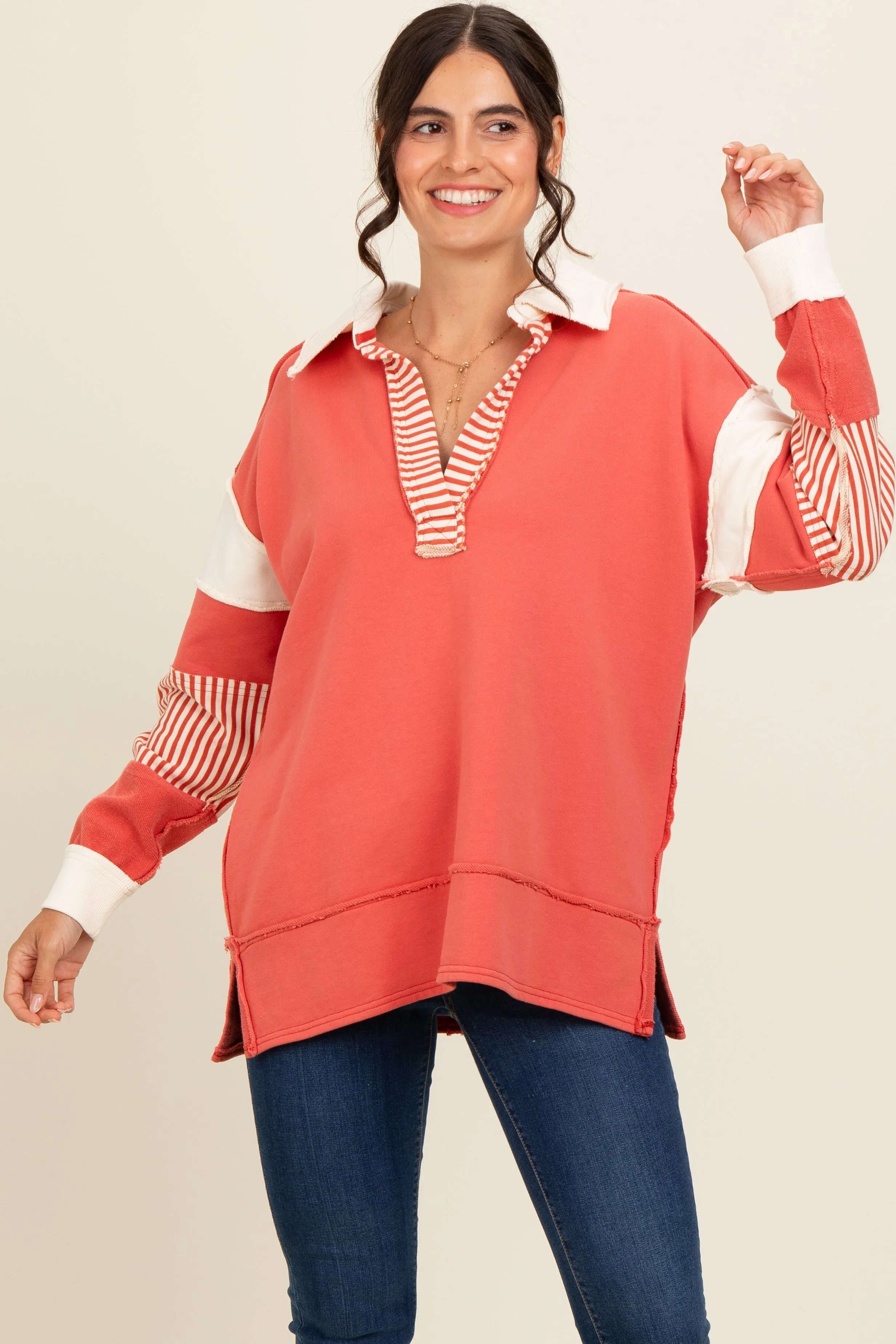Rust Colorblock Stripe Polo Pullover Top sold by Pinkblush product image thumbnail 2