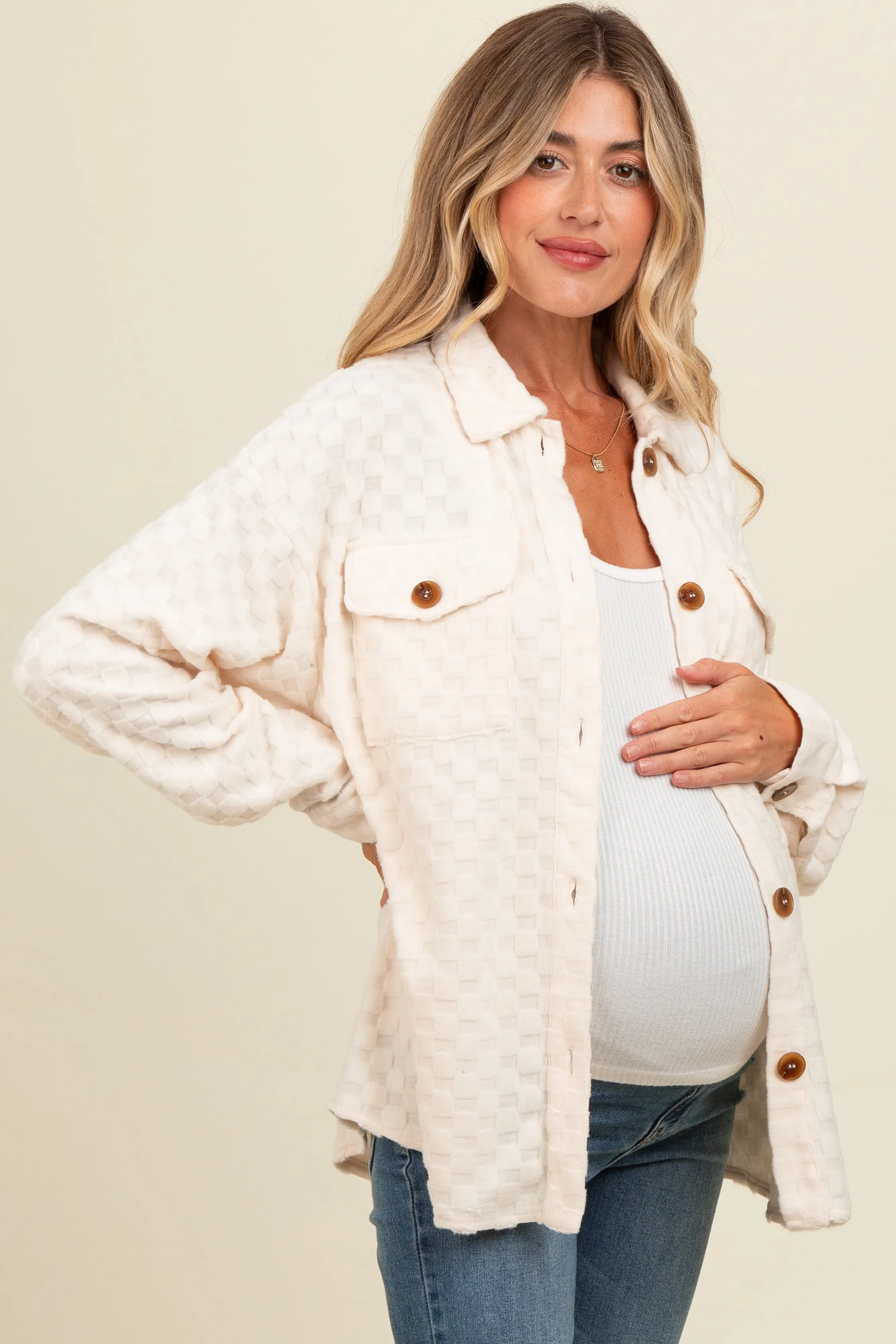 Ivory Checker Plaid Button Down Maternity Shirt sold by Pinkblush product image thumbnail 3