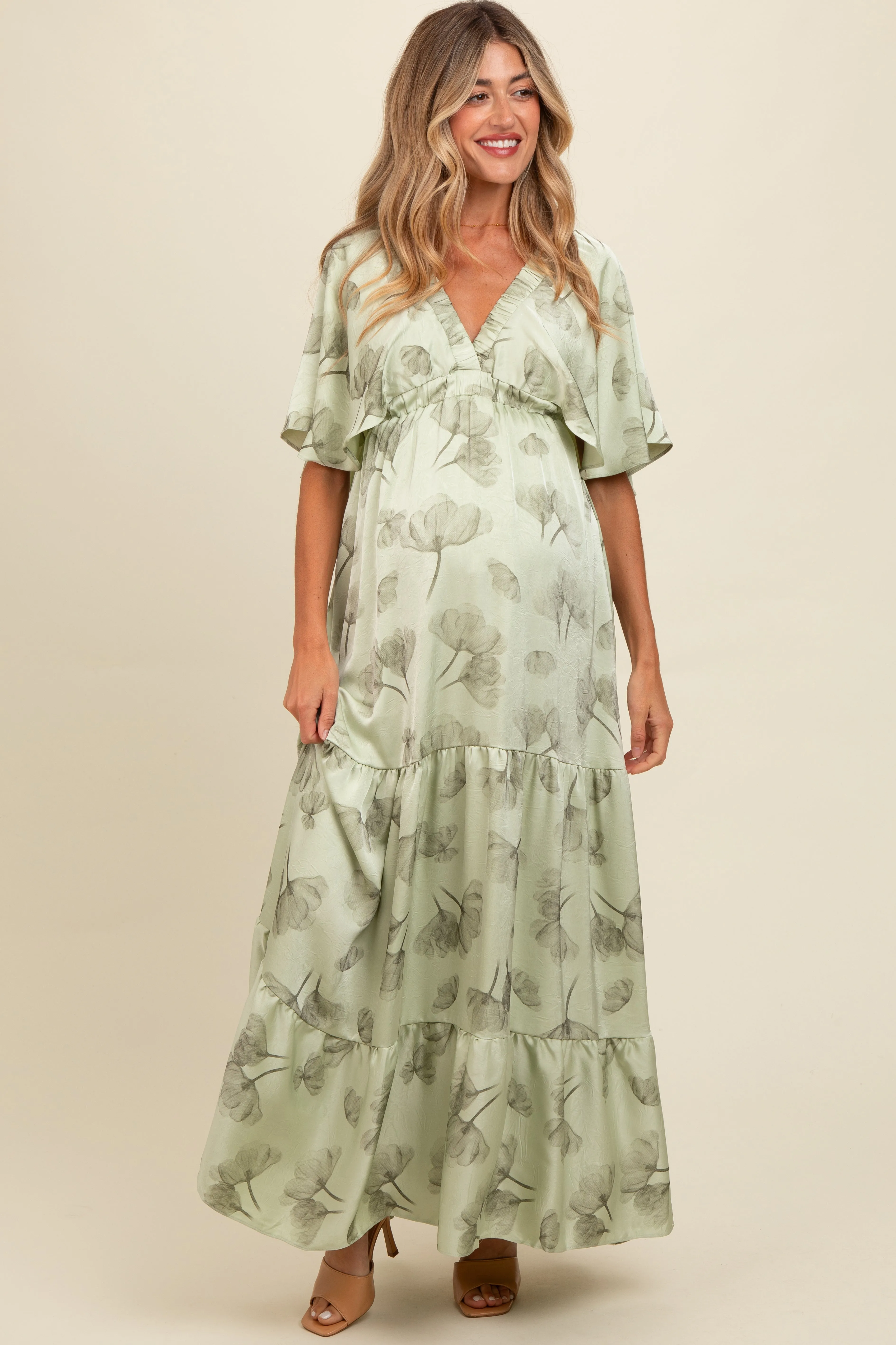 Light Olive Floral Deep V-Neck Maternity Maxi Dress sold by Pinkblush