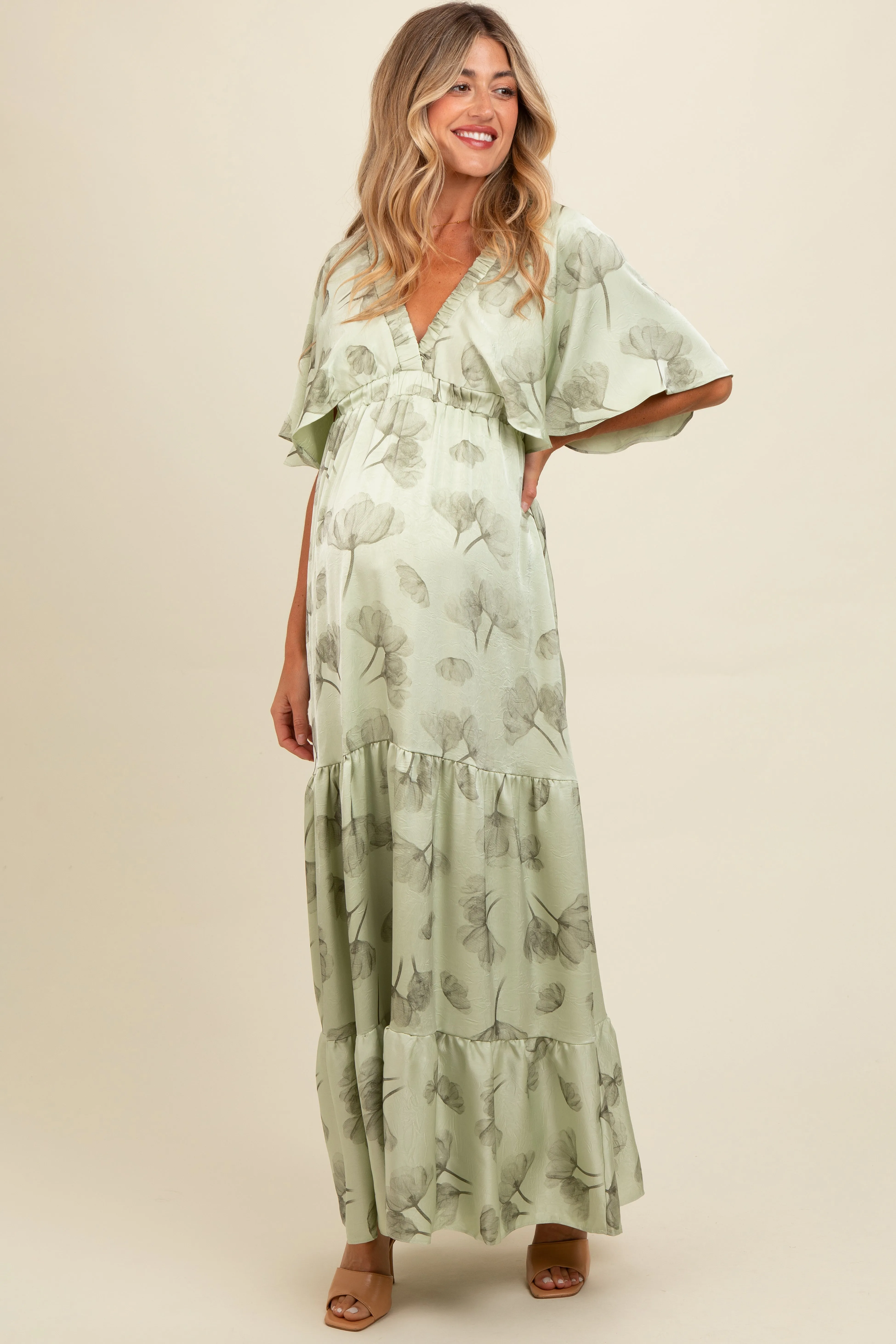 Light Olive Floral Deep V-Neck Maternity Maxi Dress sold by Pinkblush product image thumbnail 2