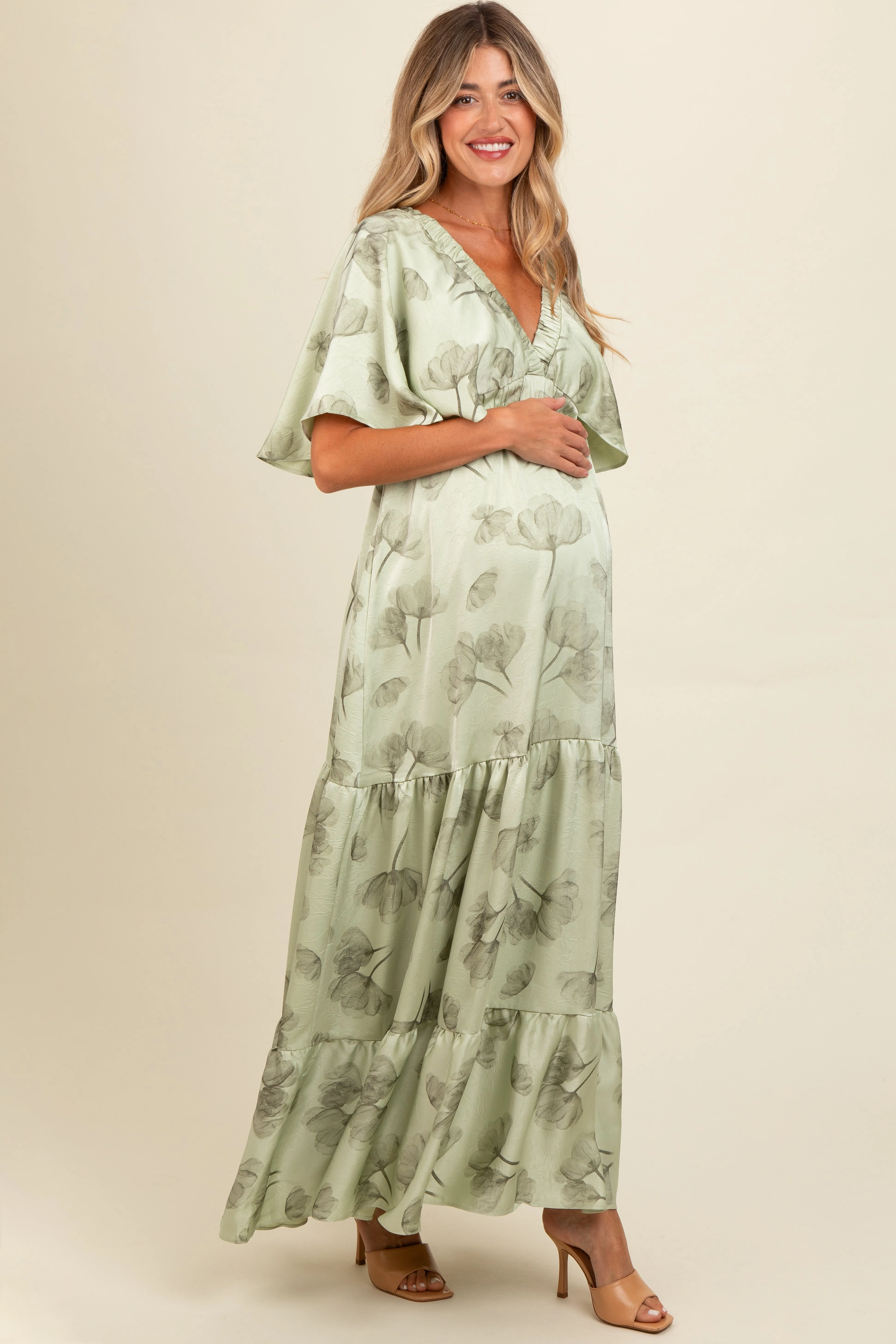 Light Olive Floral Deep V-Neck Maternity Maxi Dress sold by Pinkblush product image thumbnail 3