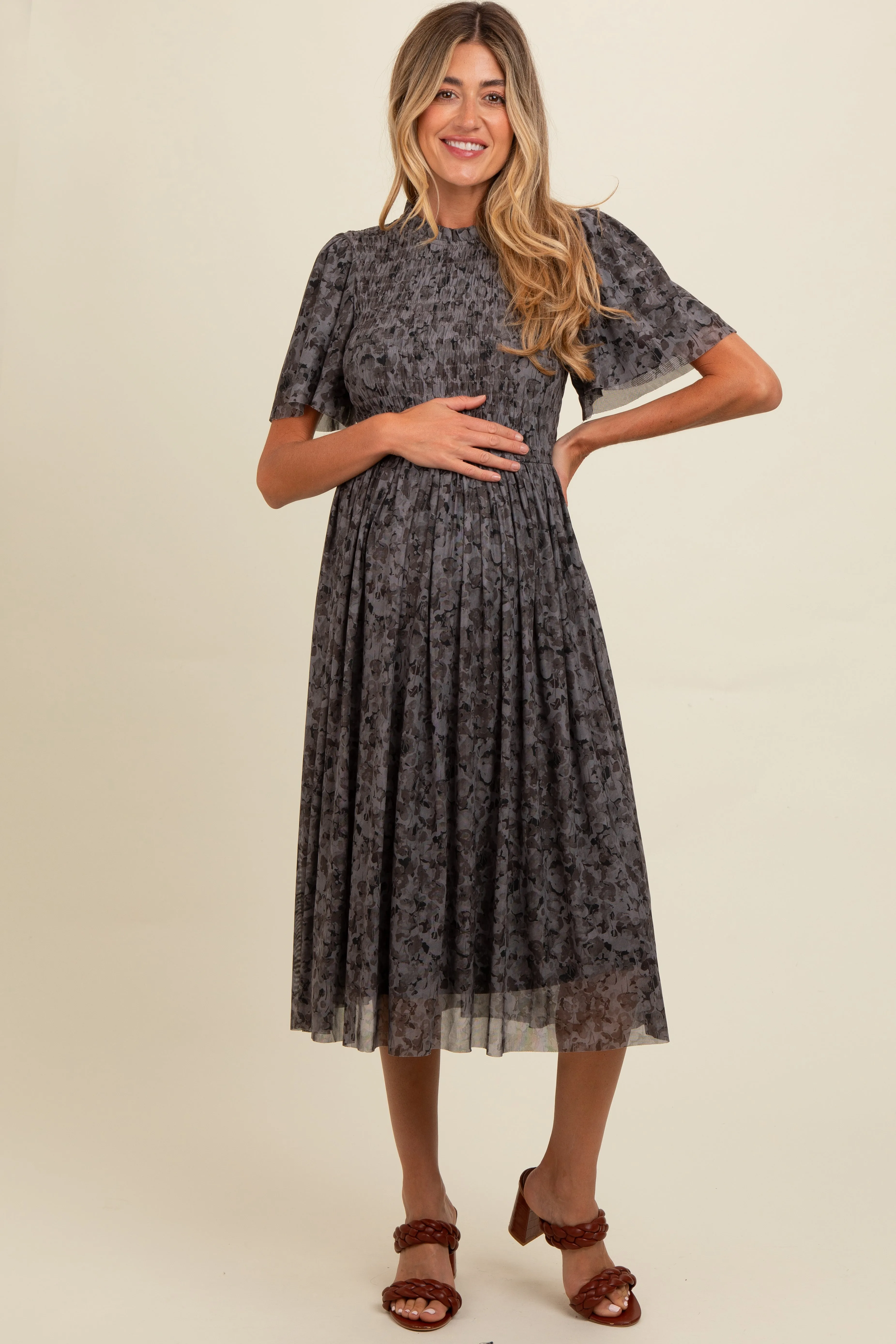 Grey Floral Smocked Maternity Midi Dress sold by Pinkblush