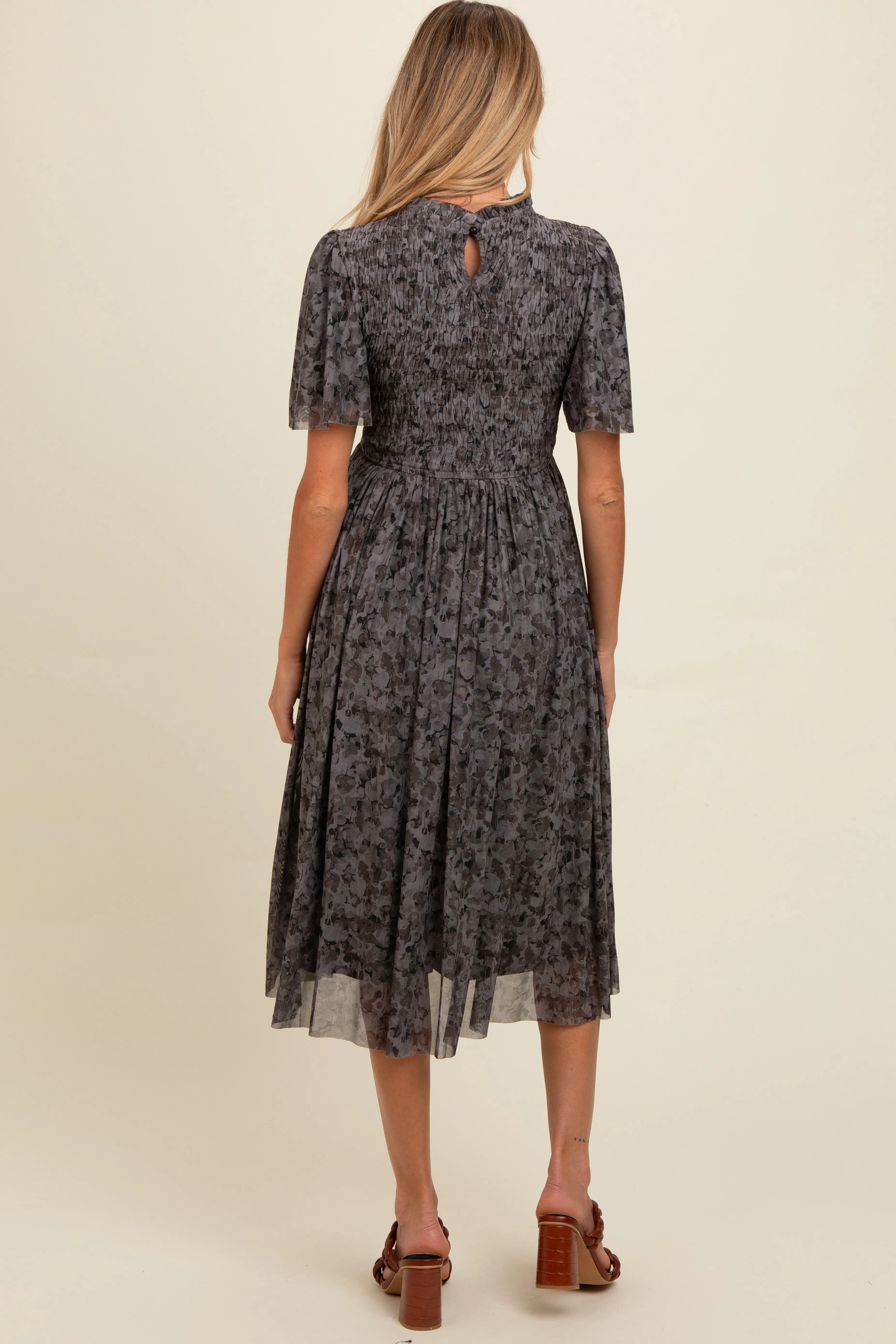 Grey Floral Smocked Maternity Midi Dress sold by Pinkblush product image thumbnail 2