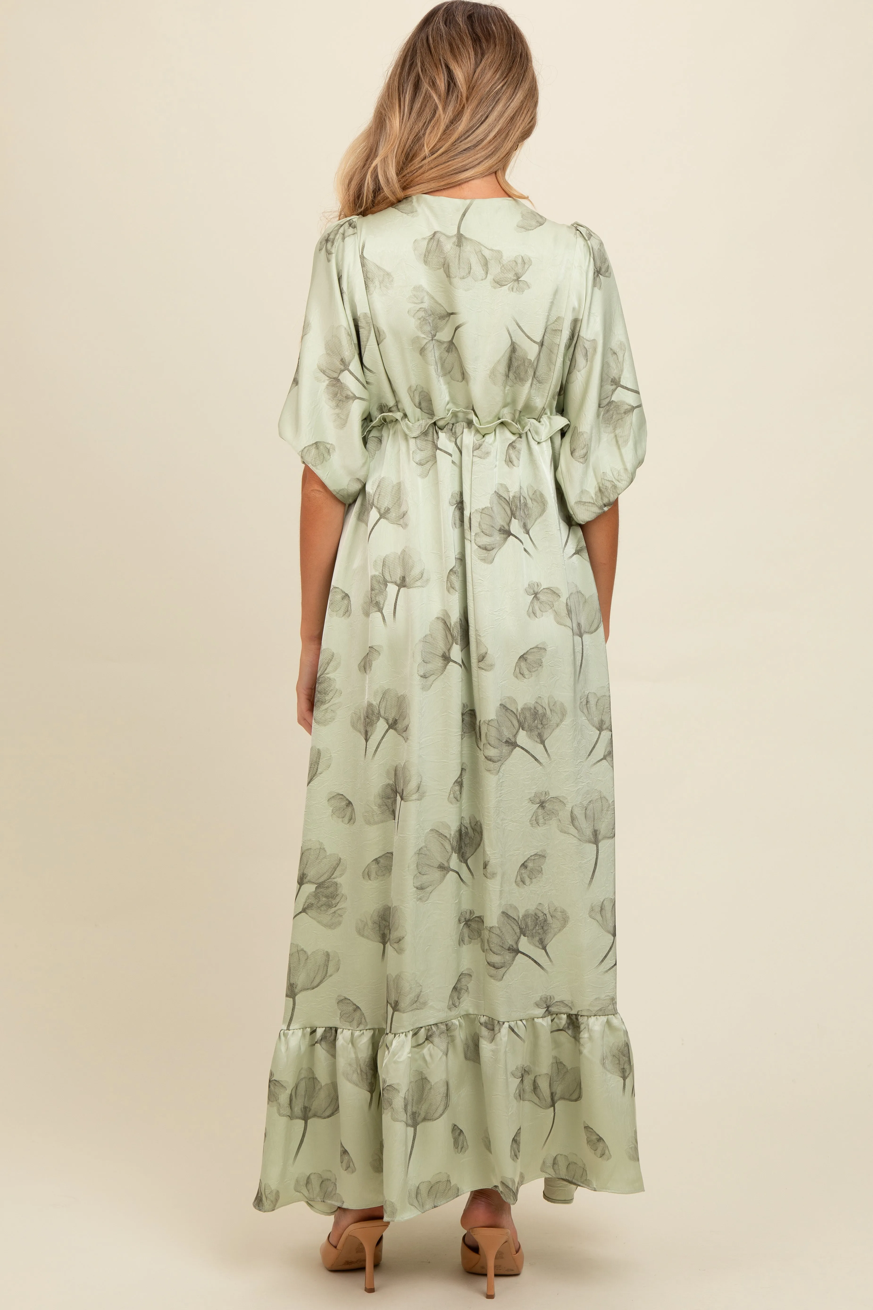 Light Olive Floral Chiffon Ruffle Accent Maternity Maxi Dress sold by Pinkblush product image thumbnail 4