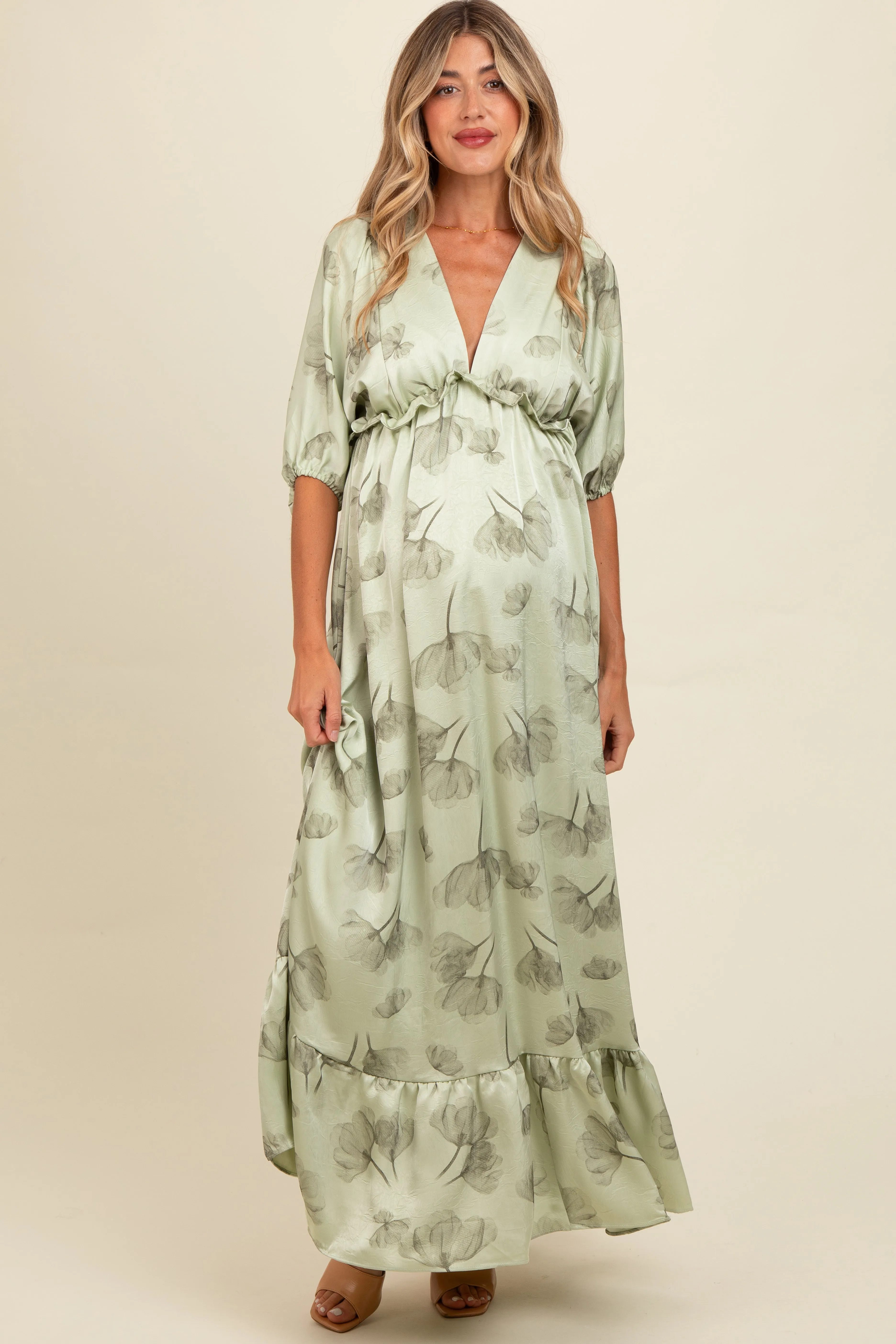 Light Olive Floral Chiffon Ruffle Accent Maternity Maxi Dress sold by Pinkblush