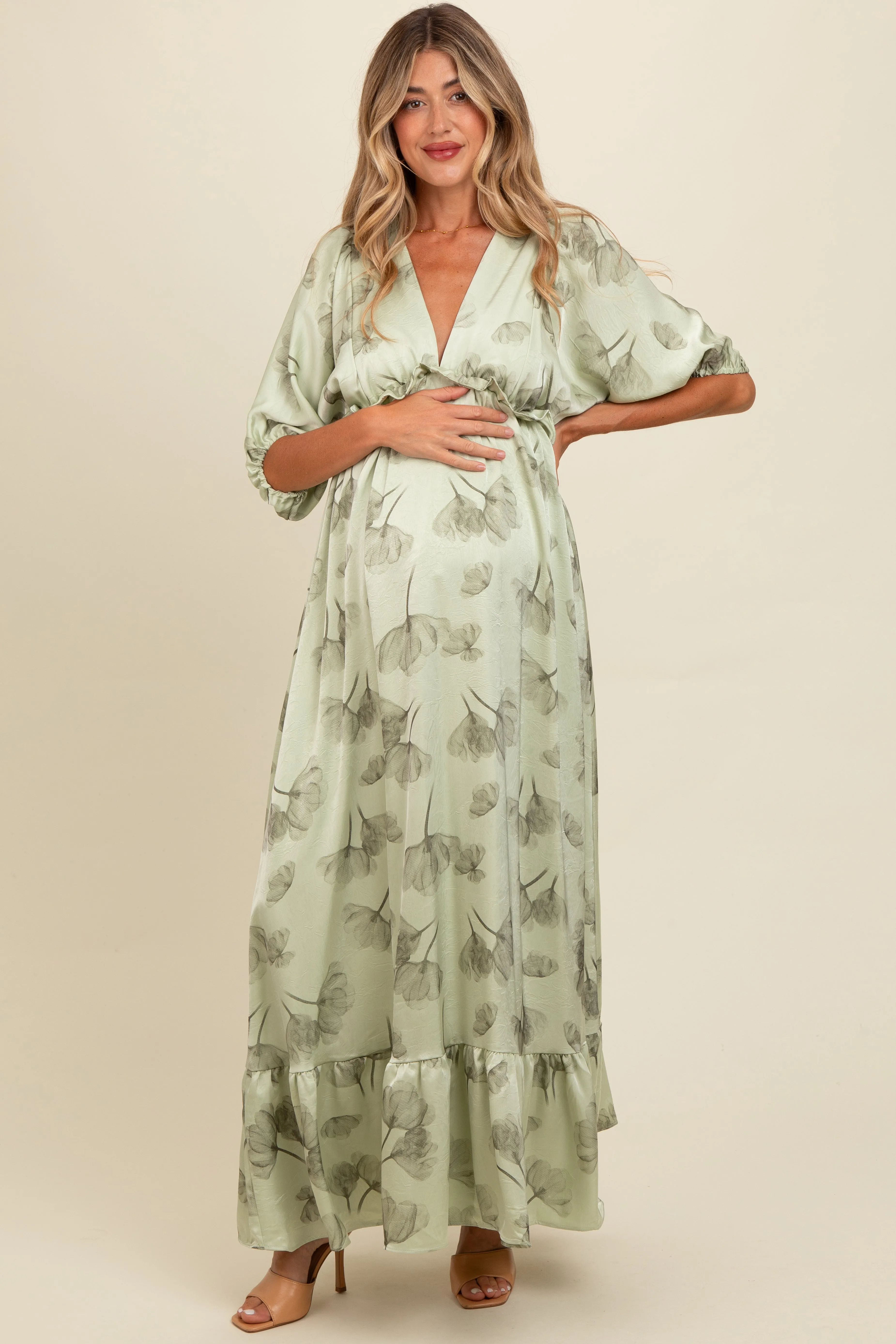 Light Olive Floral Chiffon Ruffle Accent Maternity Maxi Dress sold by Pinkblush product image thumbnail 2