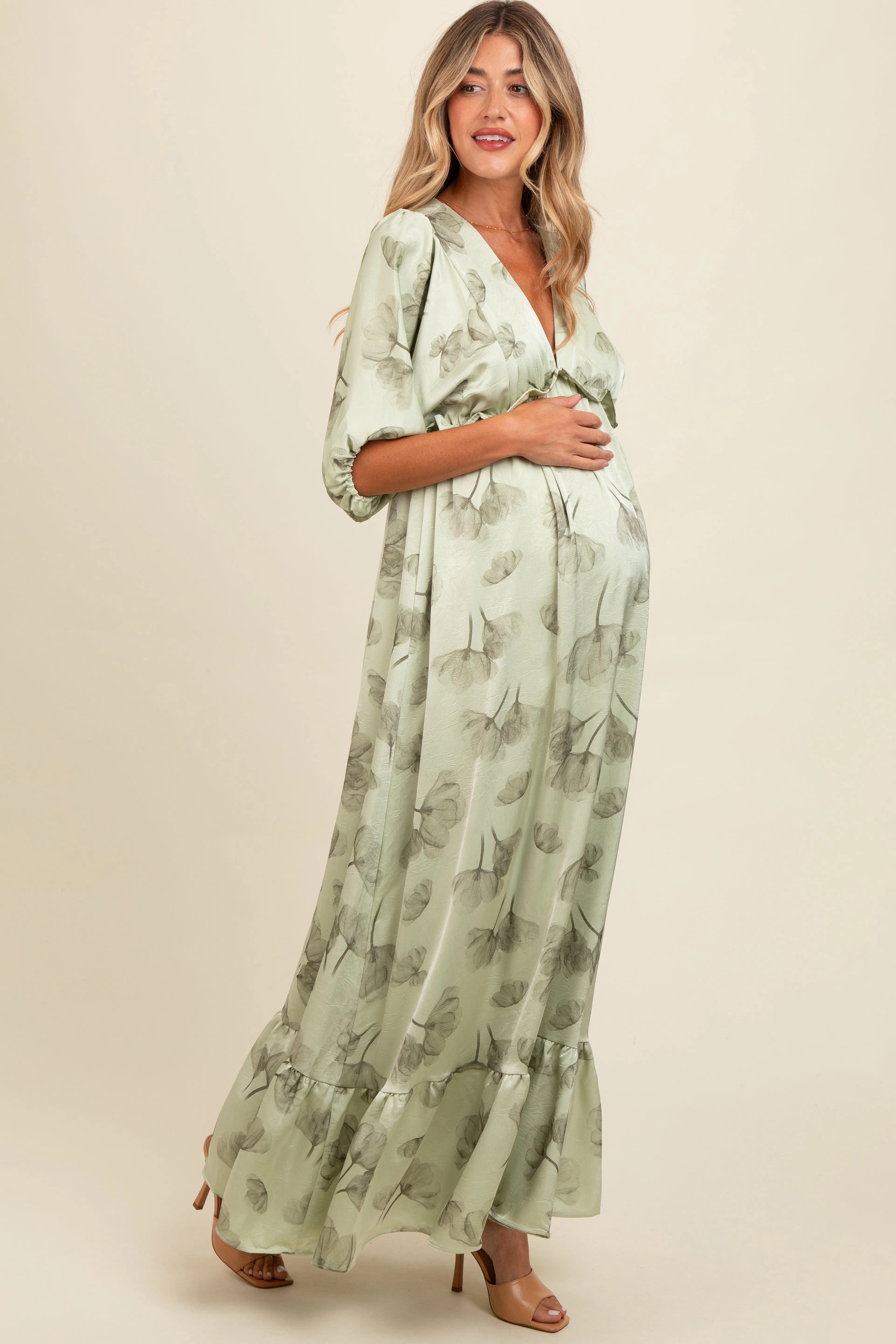 Light Olive Floral Chiffon Ruffle Accent Maternity Maxi Dress sold by Pinkblush product image thumbnail 3
