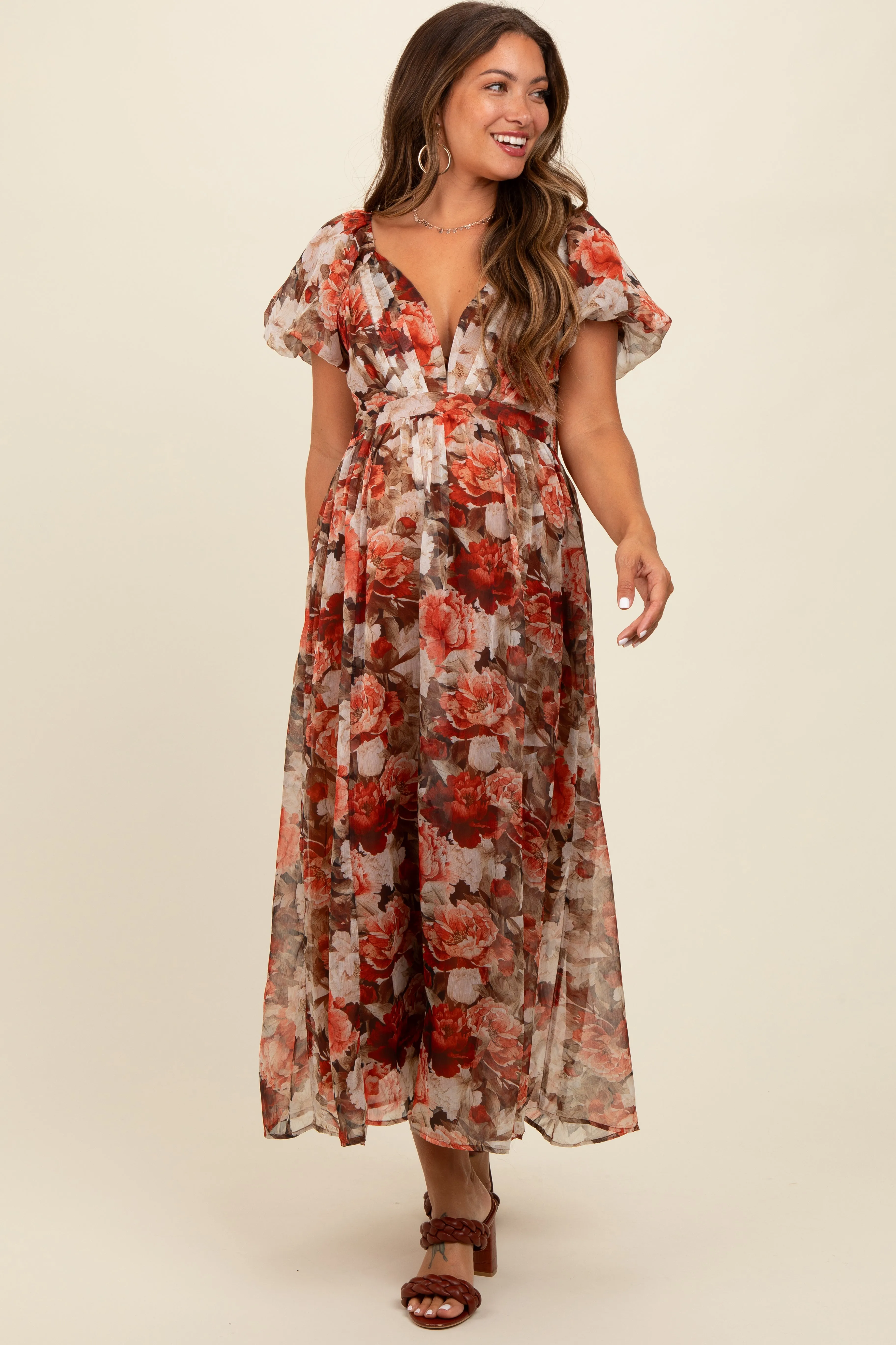 Rust Floral Puff Sleeve Maternity Maxi Dress sold by Pinkblush product image thumbnail 2