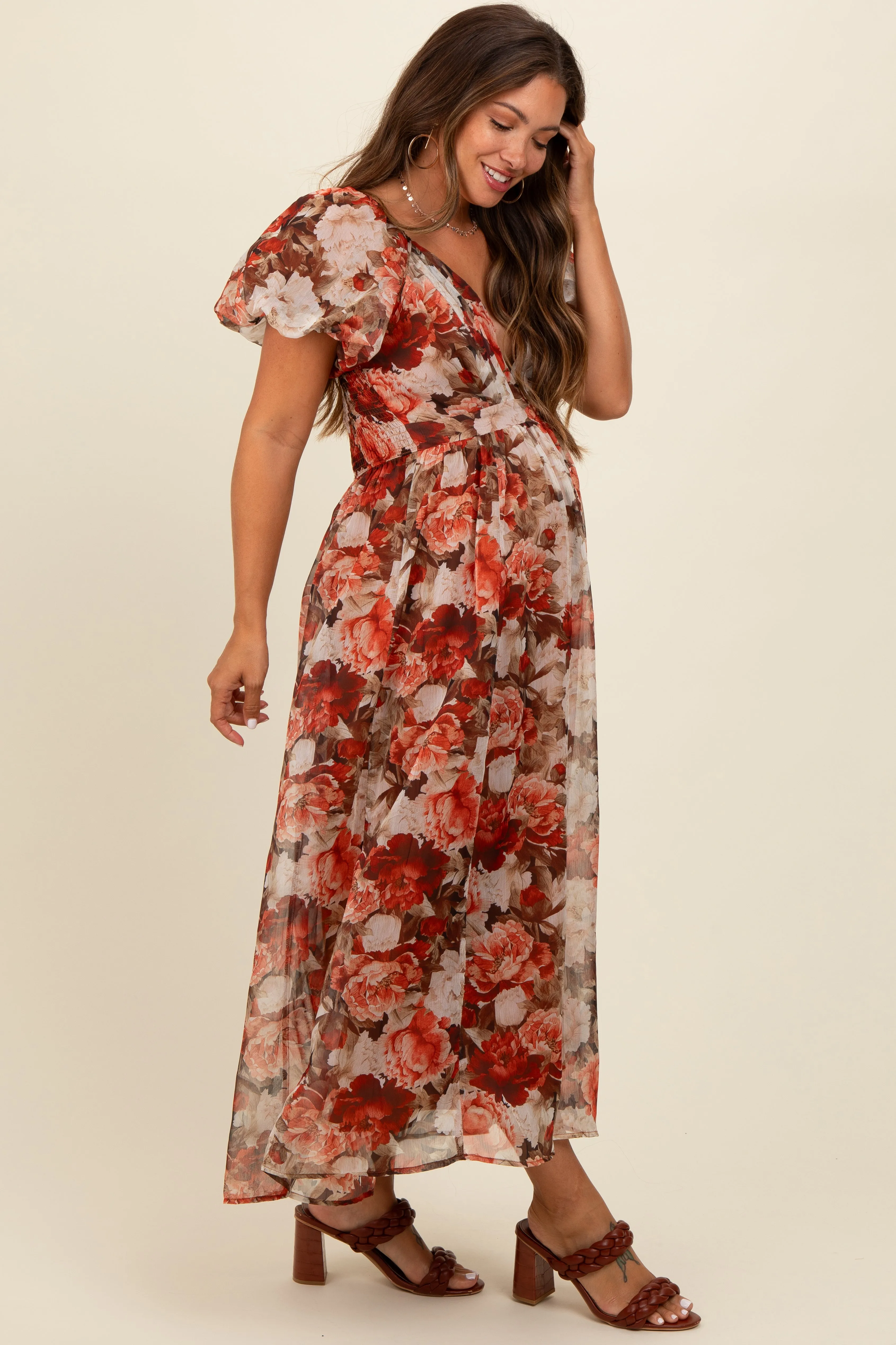 Rust Floral Puff Sleeve Maternity Maxi Dress sold by Pinkblush product image thumbnail 3