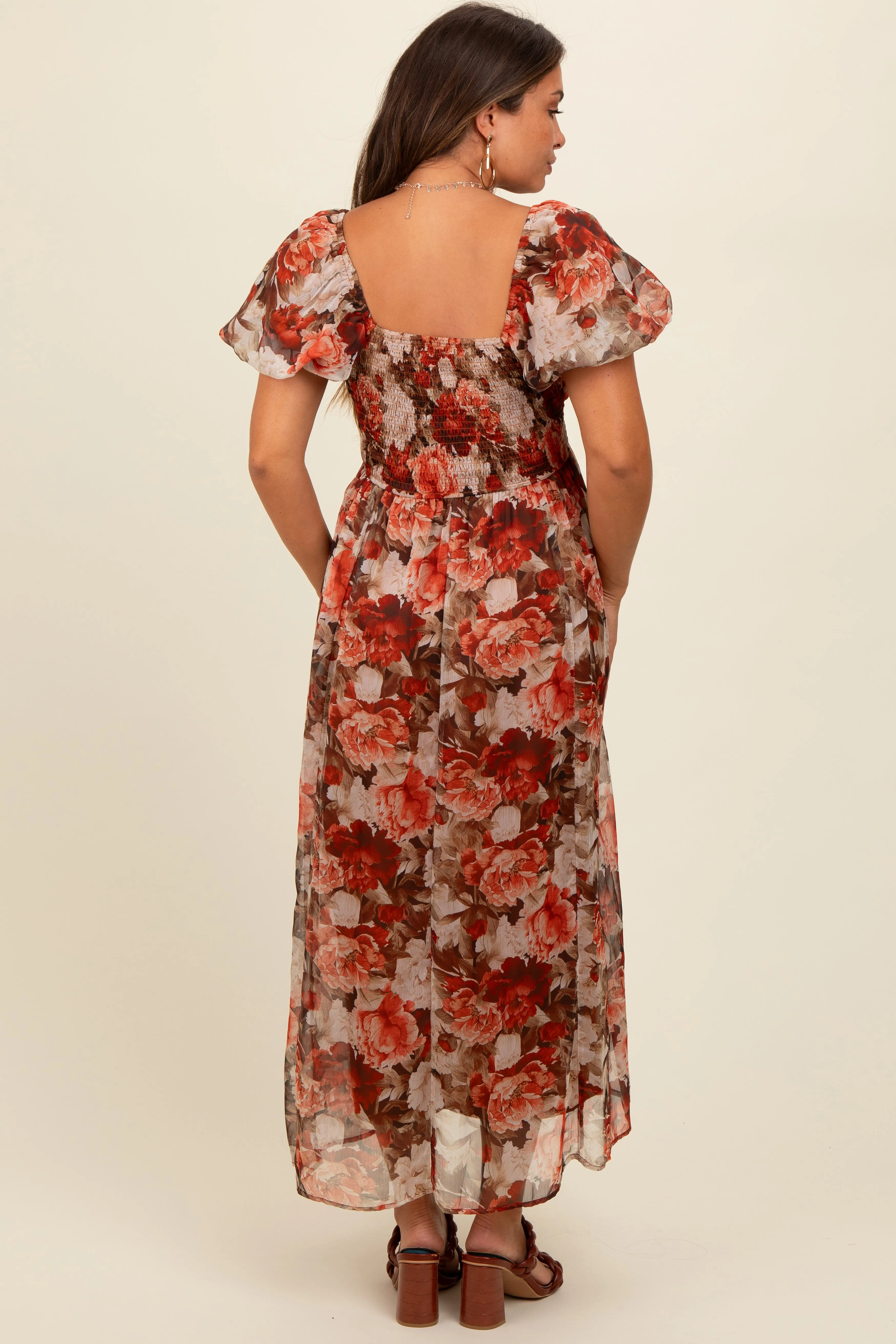 Rust Floral Puff Sleeve Maternity Maxi Dress sold by Pinkblush product image thumbnail 4
