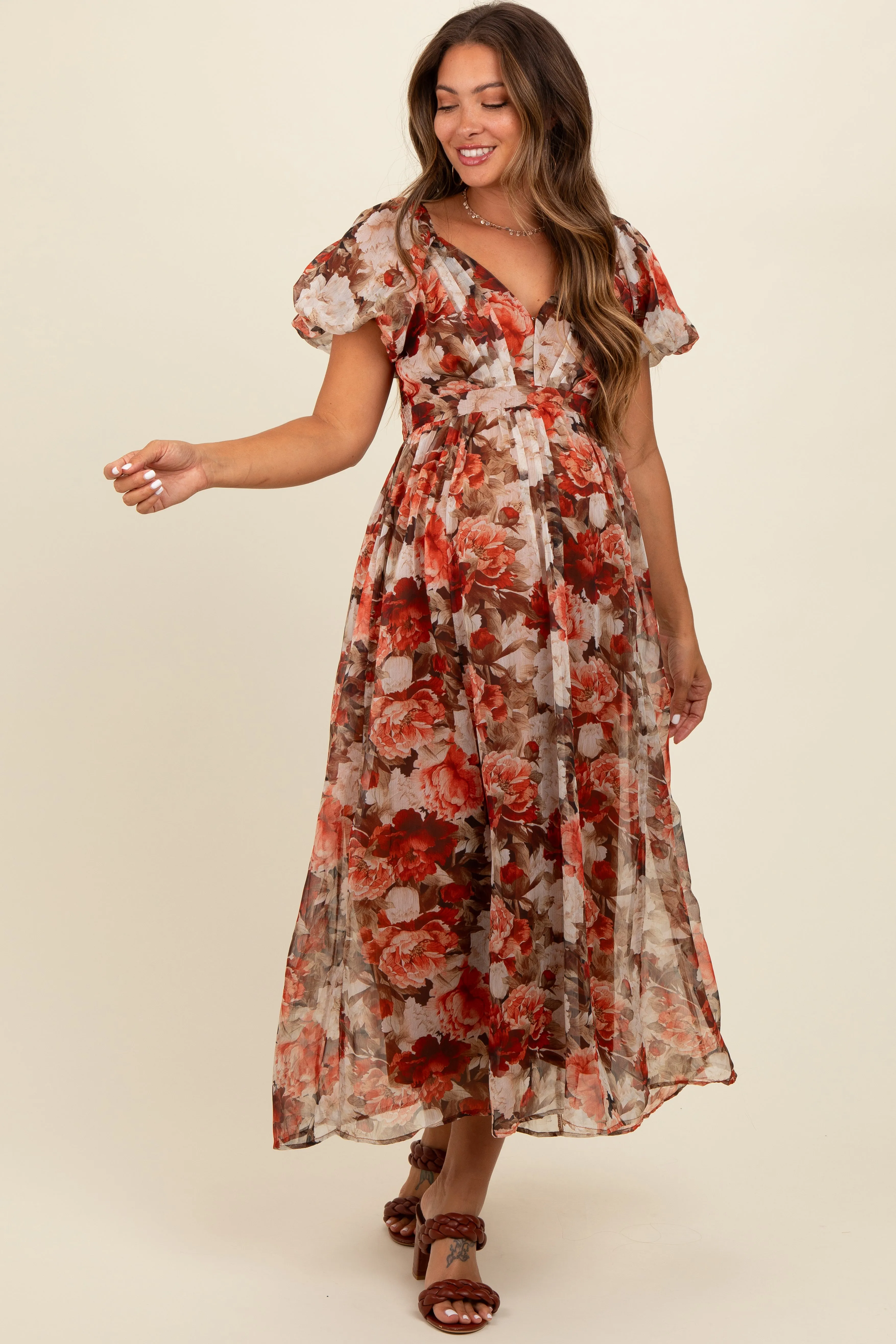Rust Floral Puff Sleeve Maternity Maxi Dress sold by Pinkblush