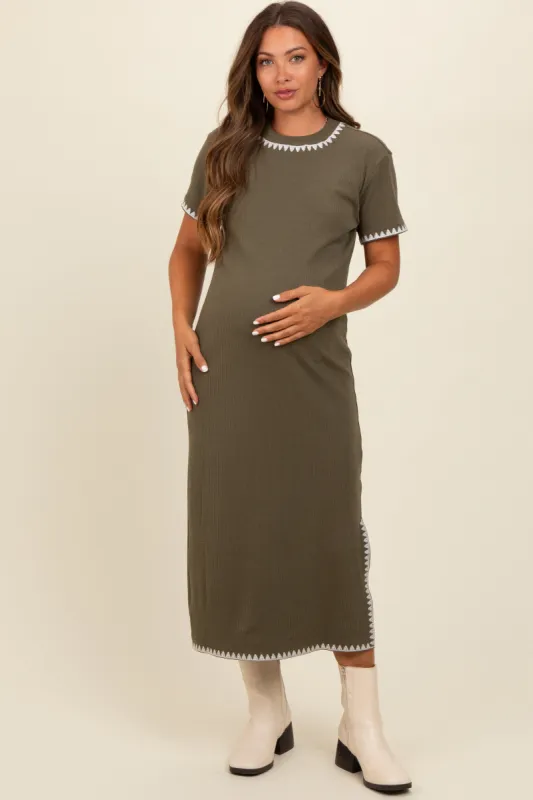 Olive Green Ribbed Embroidered Trim Short Sleeve Maternity Midi Dress sold by Pinkblush