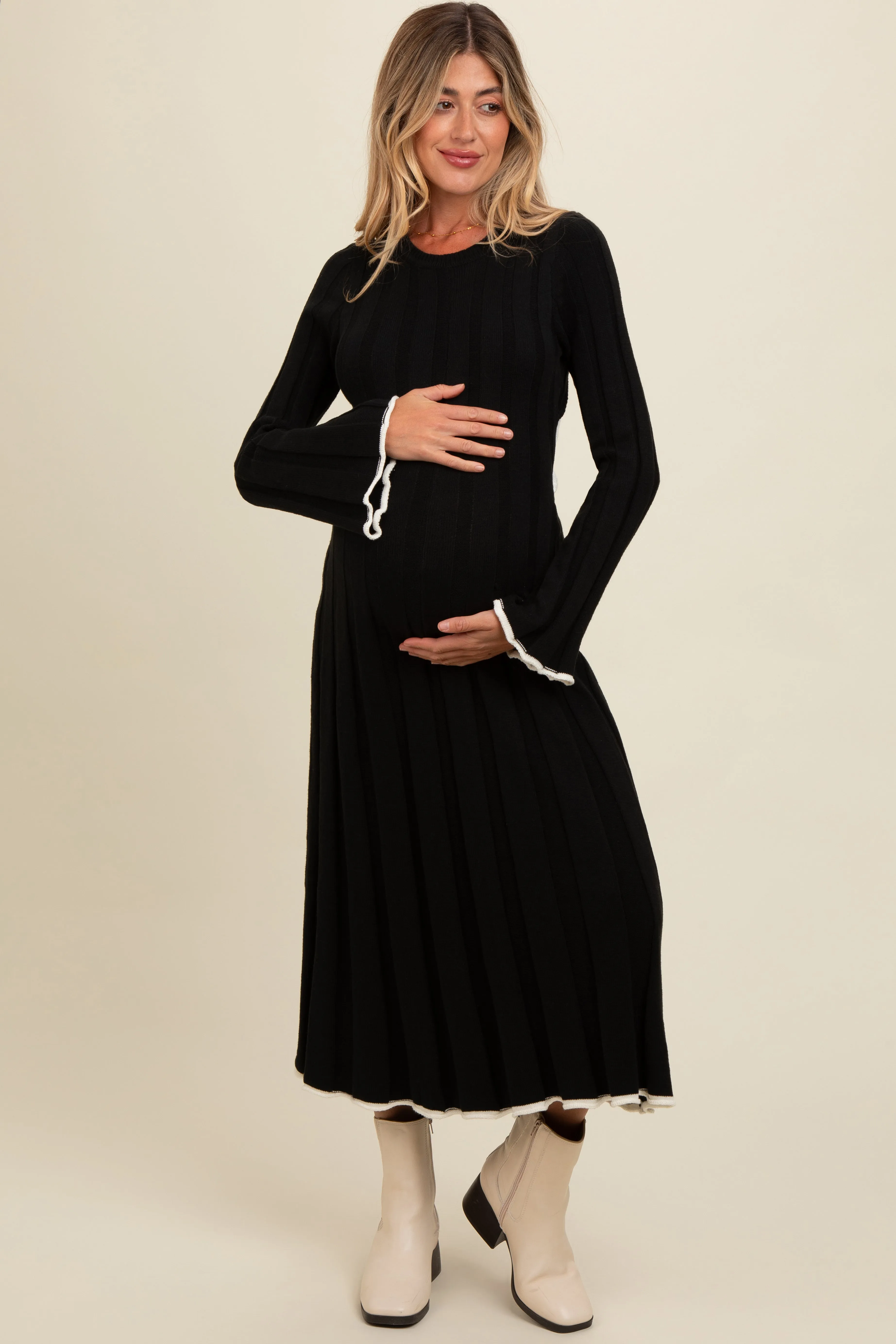 Black Sweater Knit Bell Sleeve Back Cutout Maternity Maxi Dress sold by Pinkblush