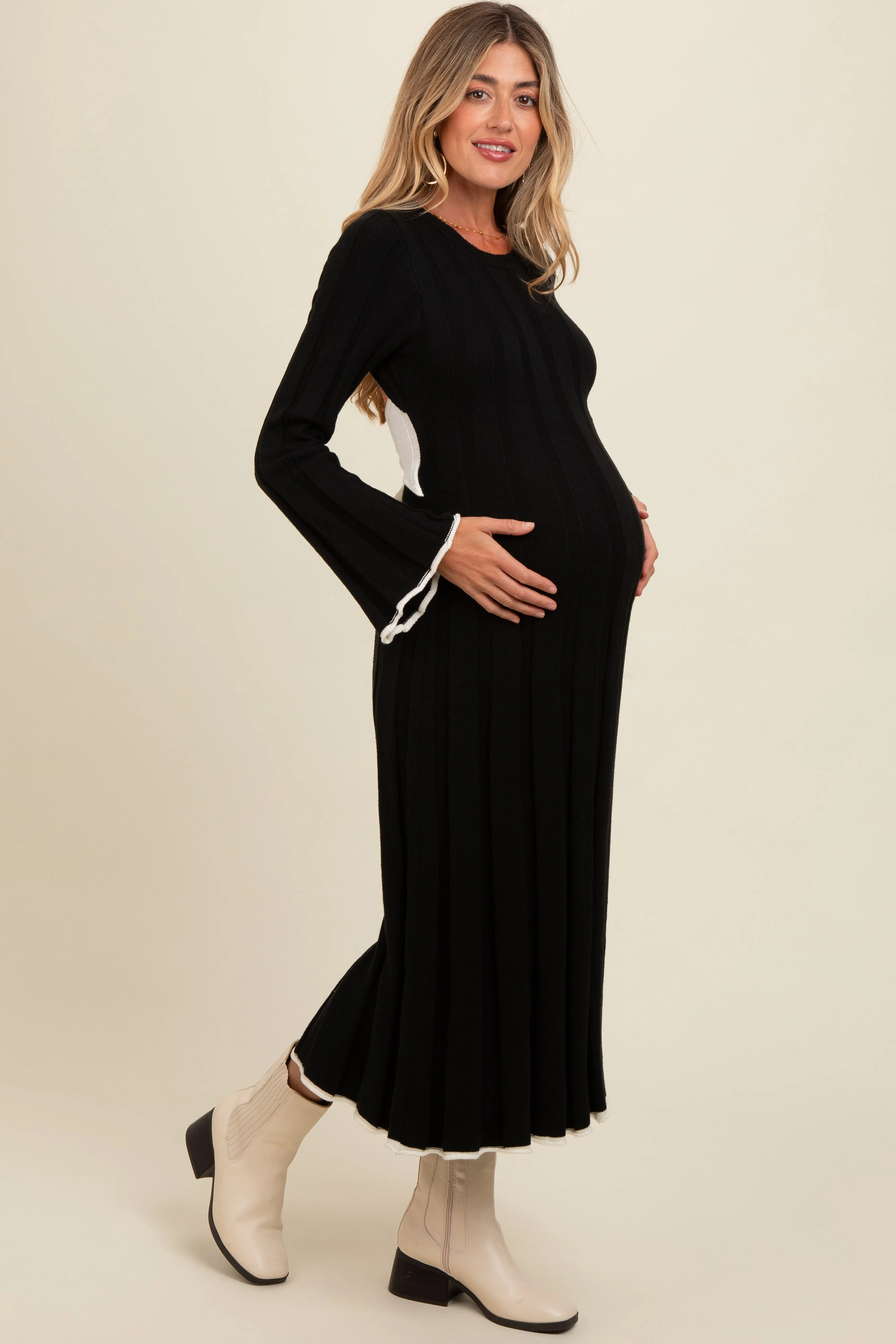 Black Sweater Knit Bell Sleeve Back Cutout Maternity Maxi Dress sold by Pinkblush product image thumbnail 2