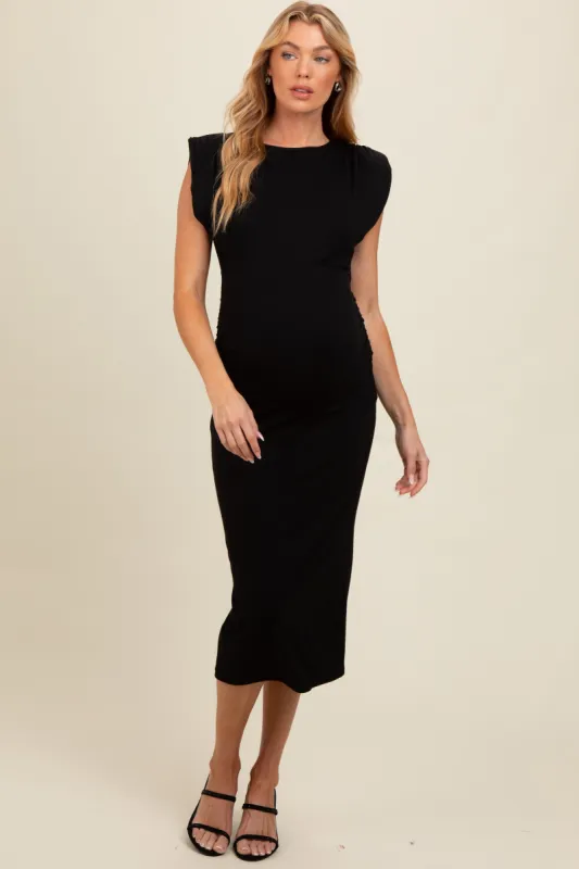 Black Padded Shoulder Fitted Maternity Midi Dress sold by Pinkblush