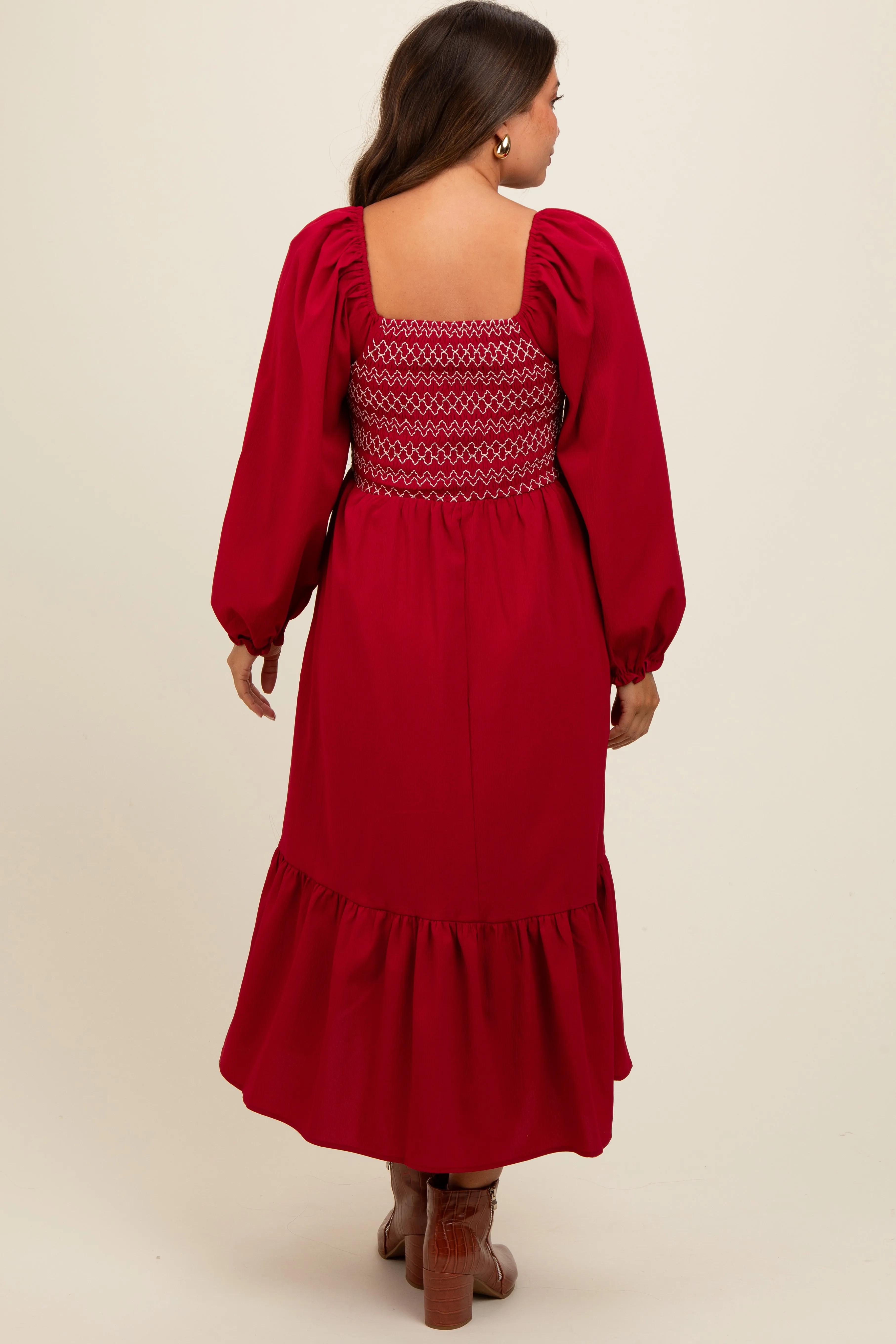 Burgundy Contrast Smocked Balloon Sleeve Maternity Midi Dress sold by Pinkblush product image thumbnail 2